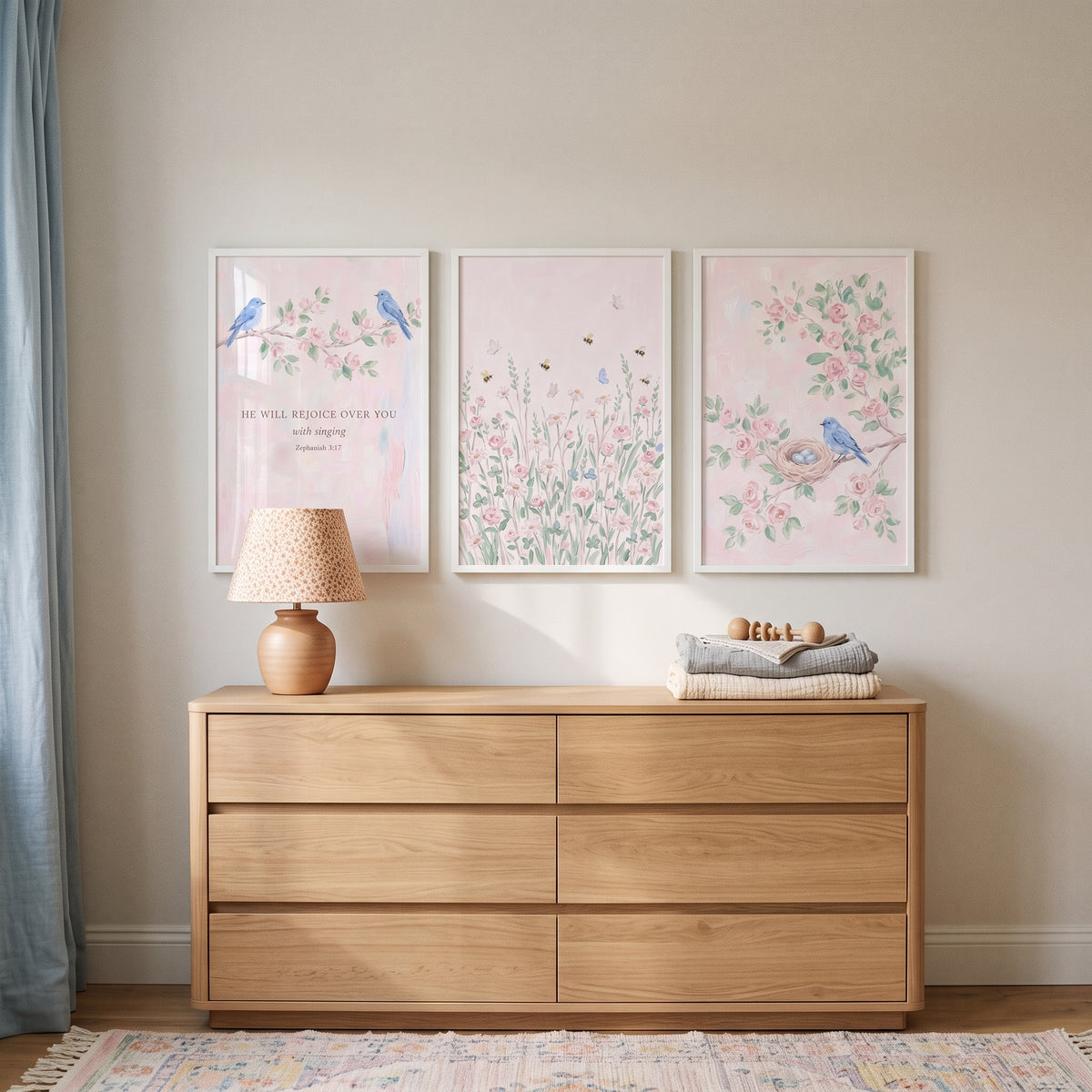 Blush Blue Accent Garden Wall Art Set of 3 - Pastel Blossom Verse