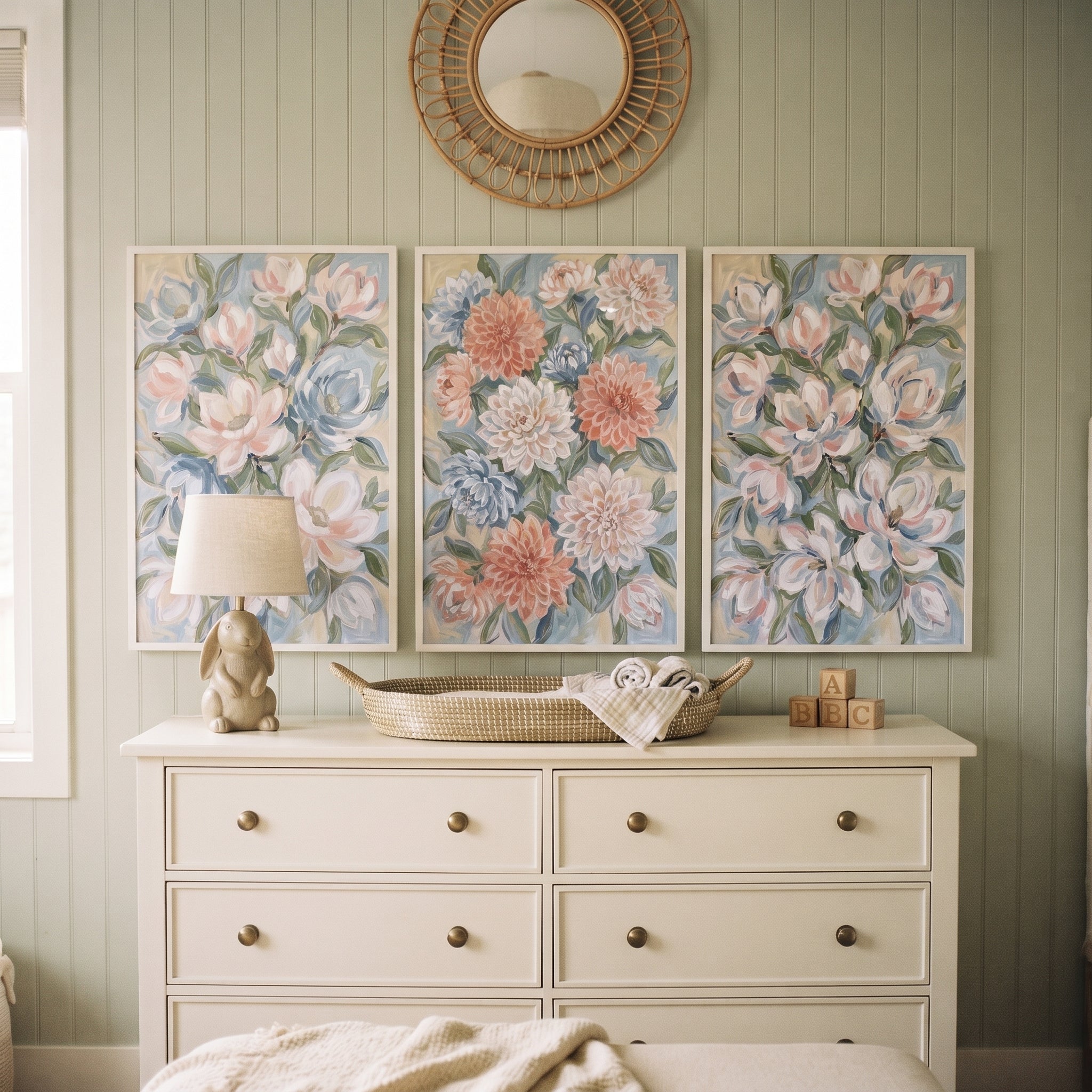 Blush Blue Garden Floral Wall Art Set of 3 - Soft Floral Trio