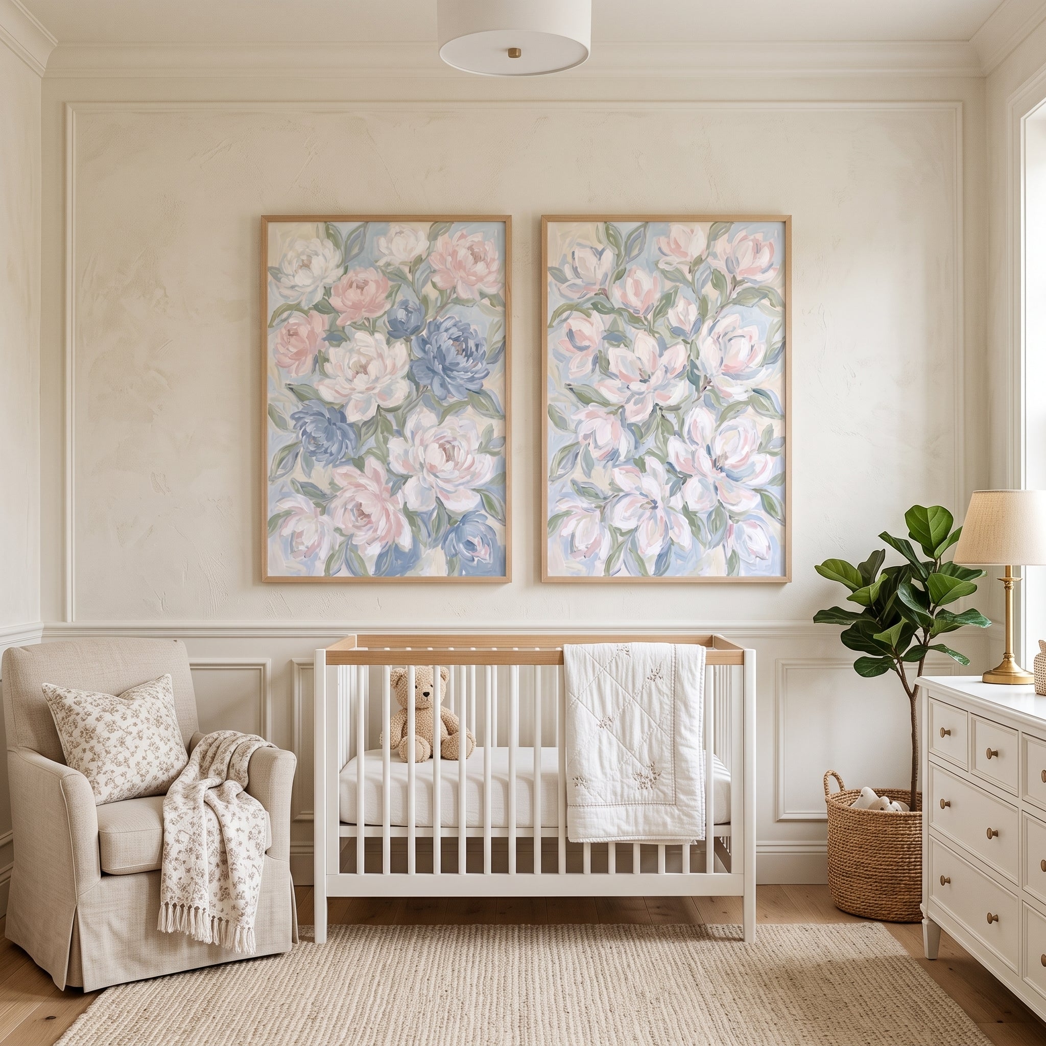Blush Blue Impressionist Peony Floral Wall Art Set of 2 - Serene Garden Duo