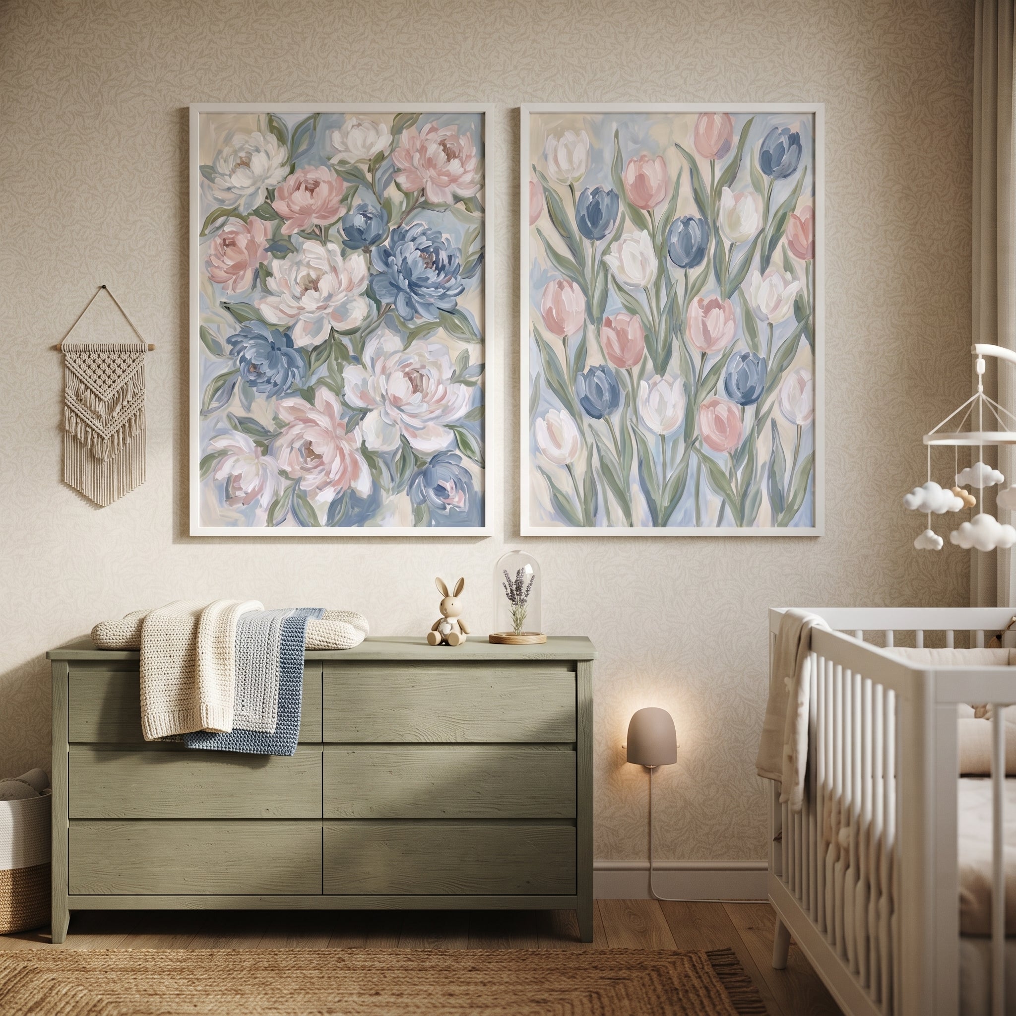 Blush Blue Spring Floral Wall Art Set of 2 - Gentle Floral Duo