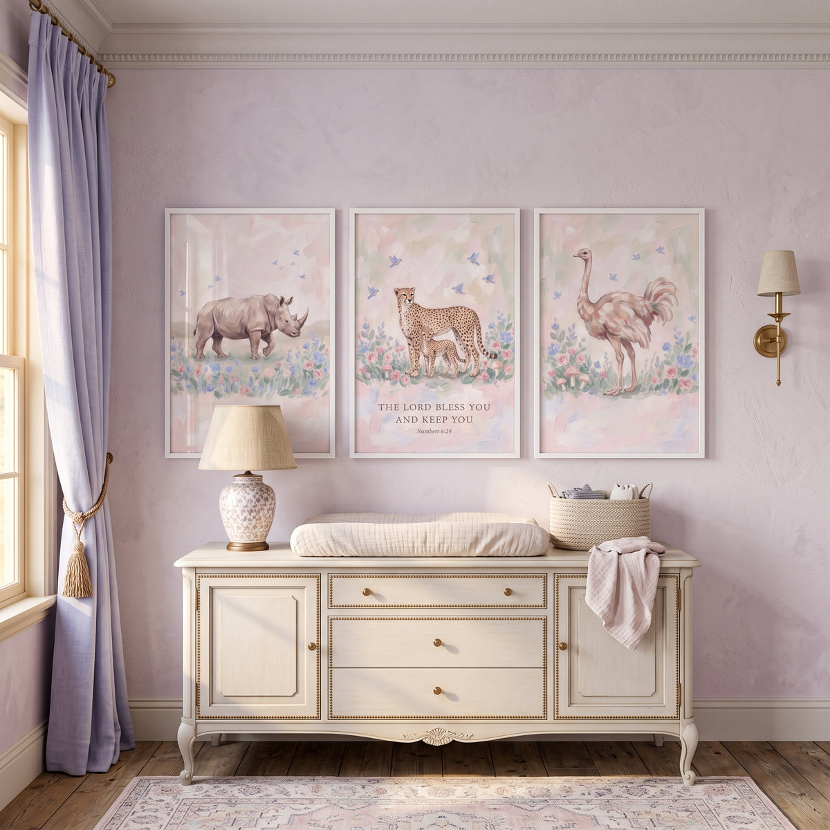 Blush Bluebird Safari Animals Wall Art Set of 3 - Blessed Safari Animals