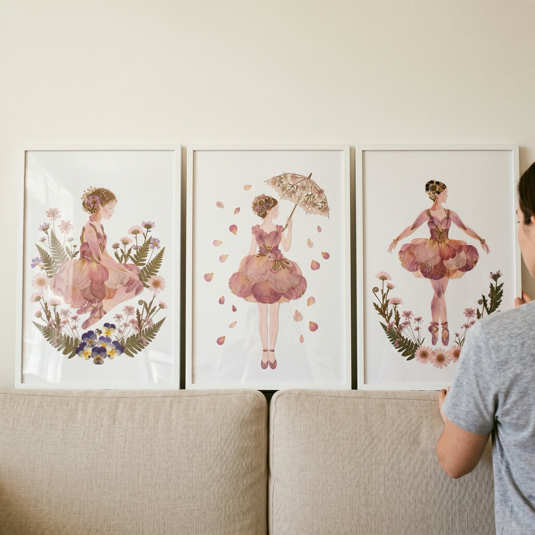 Blush Botanical Flower Girl Wall Art Set of 3 - Floral Petal Dancers
