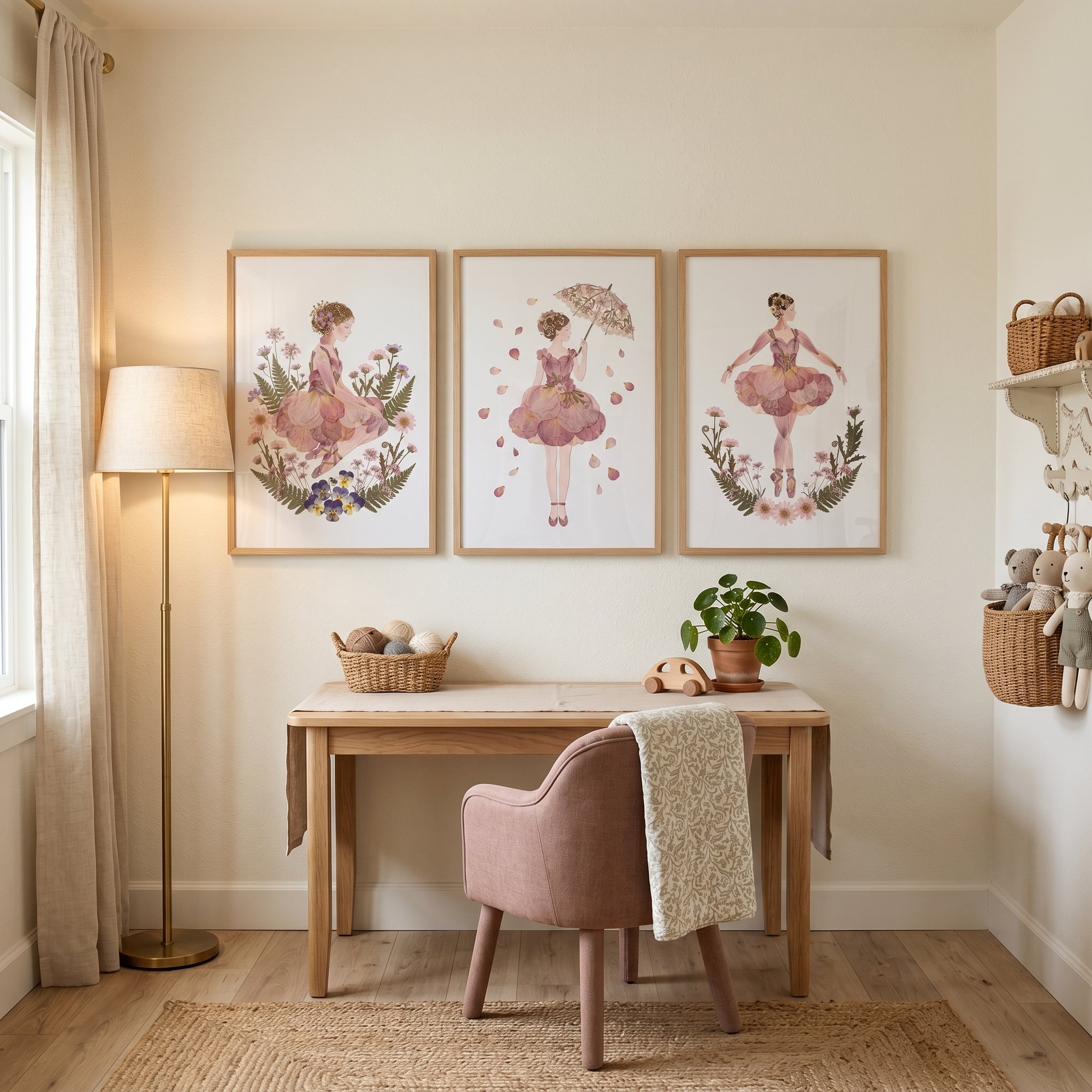 Blush Botanical Flower Girl Wall Art Set of 3 - Floral Petal Dancers