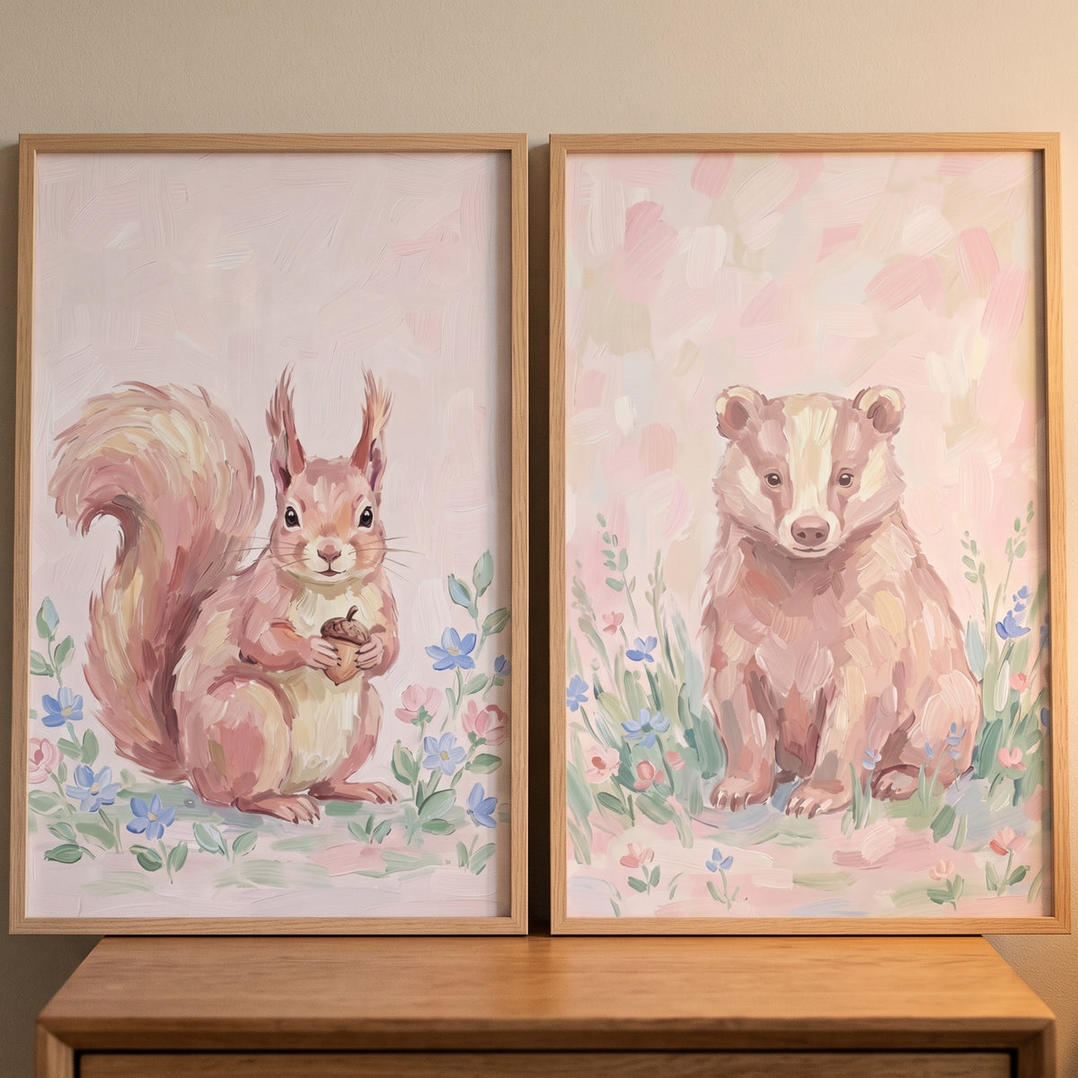 Blush botanical forest animals wall art set of 2 featuring a squirrel and badger among soft pink wildflowers.