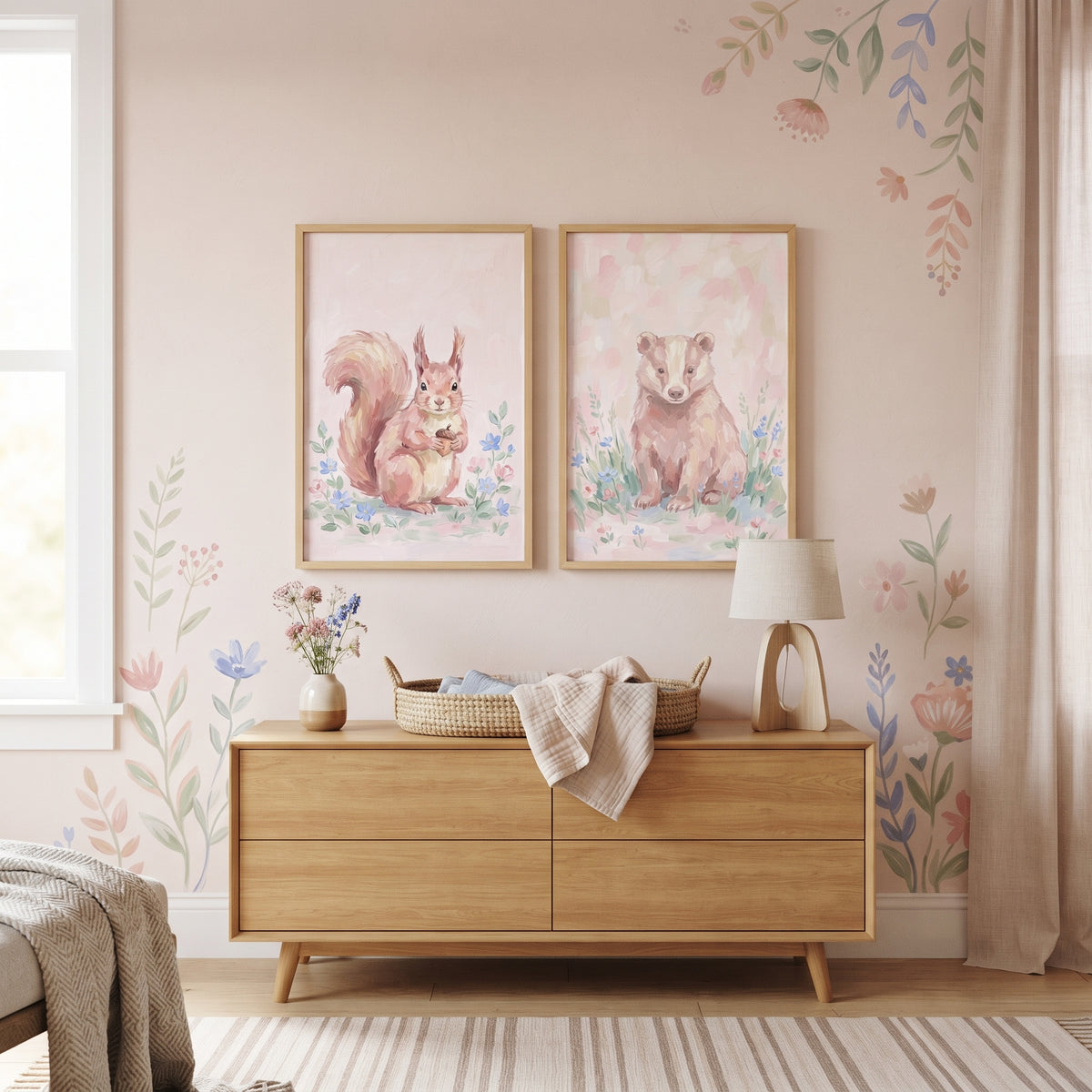 Blush Botanical Forest Animals Wall Art Set of 2 - Pink Woodland Duo