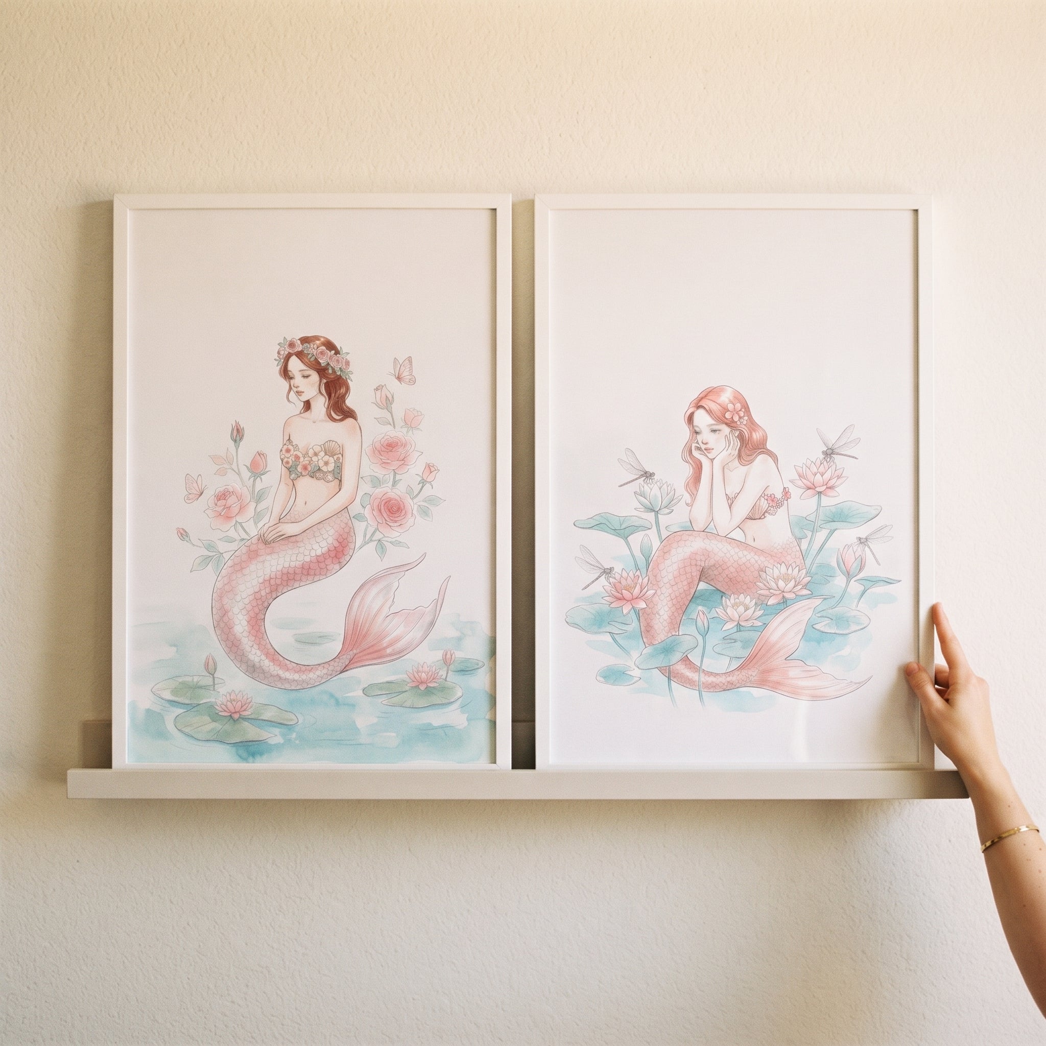 Blush Botanical Pink Mermaid Wall Art Set of 2 - Pink Petal Mermaid
