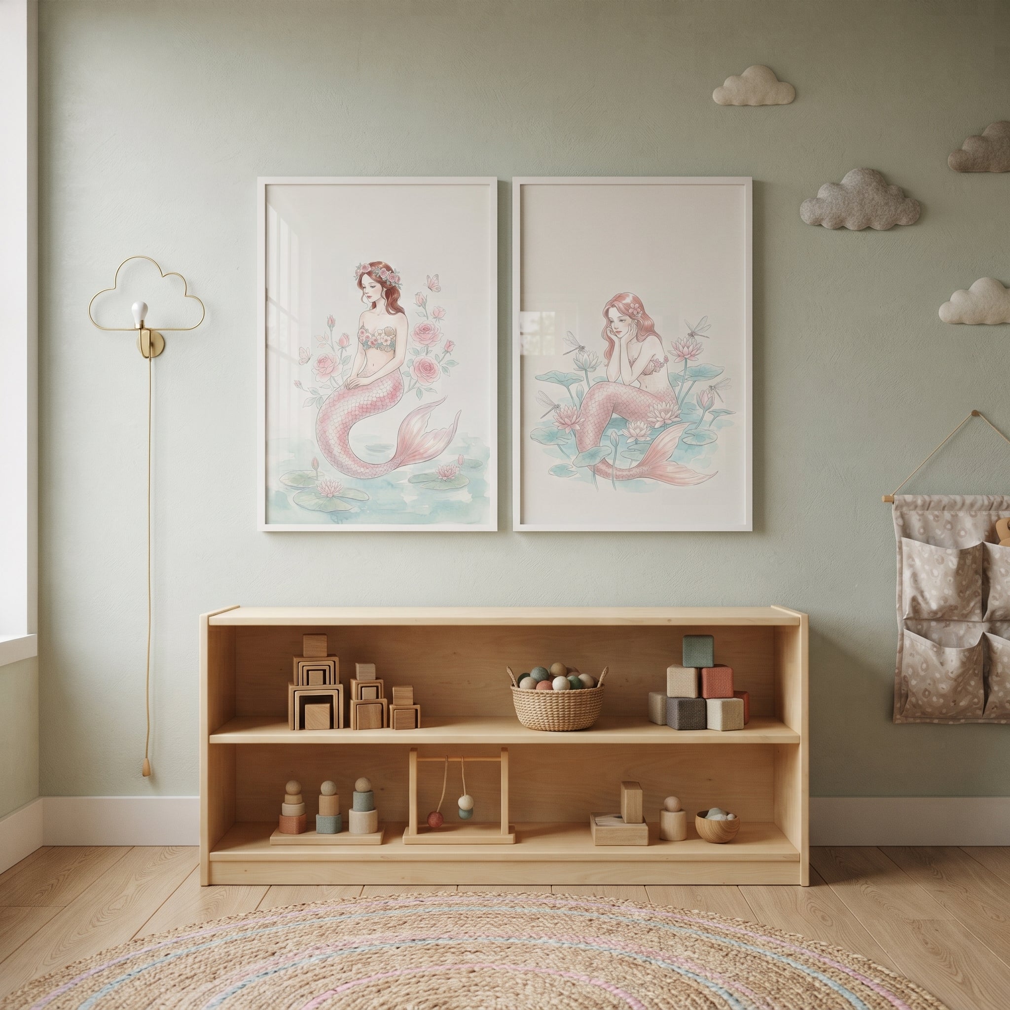 Blush Botanical Pink Mermaid Wall Art Set of 2 - Pink Petal Mermaid