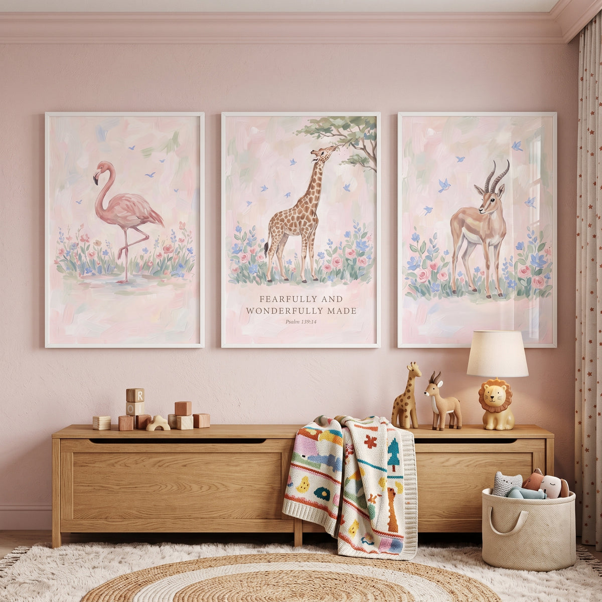 Blush Botanical Safari Animals Wall Art Set of 3 - Pastel Savanna Trio