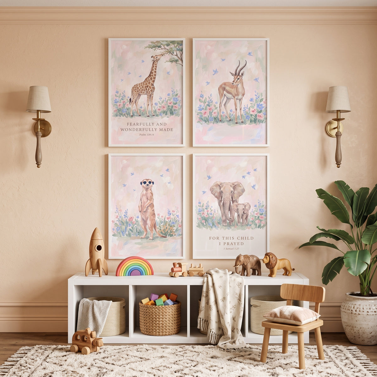 Blush Botanical Safari Animals Wall Art Set Of 4 - Scripture Safari Prints