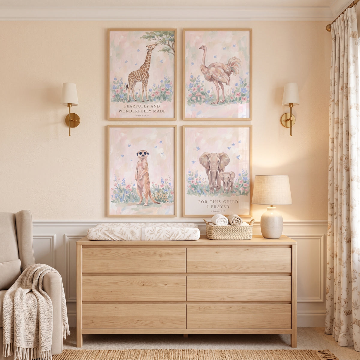 Blush Botanical Savanna Animals Artwork Set Of 4 - Faithful Safari Art