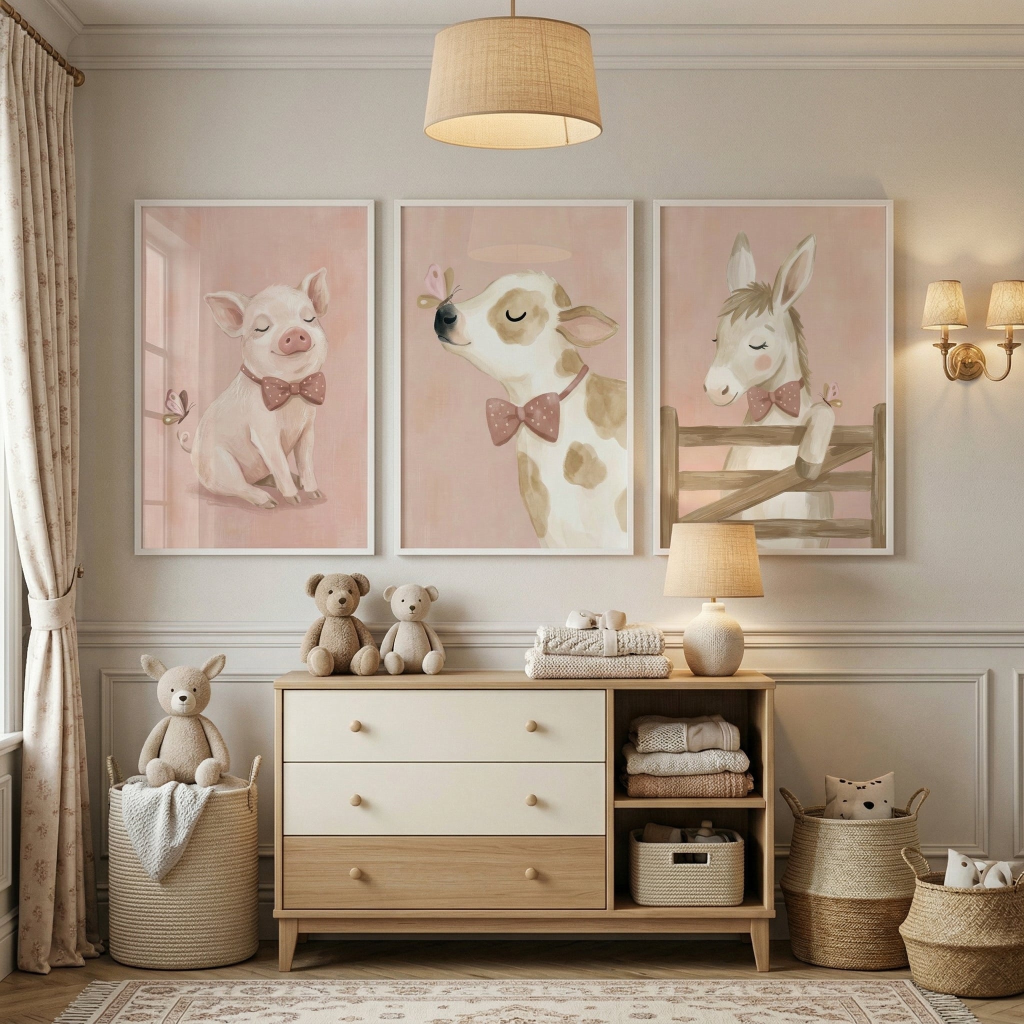 Blush Bow Farm Animals Wall Art Set of 3 - Pastel Bowtie Pals