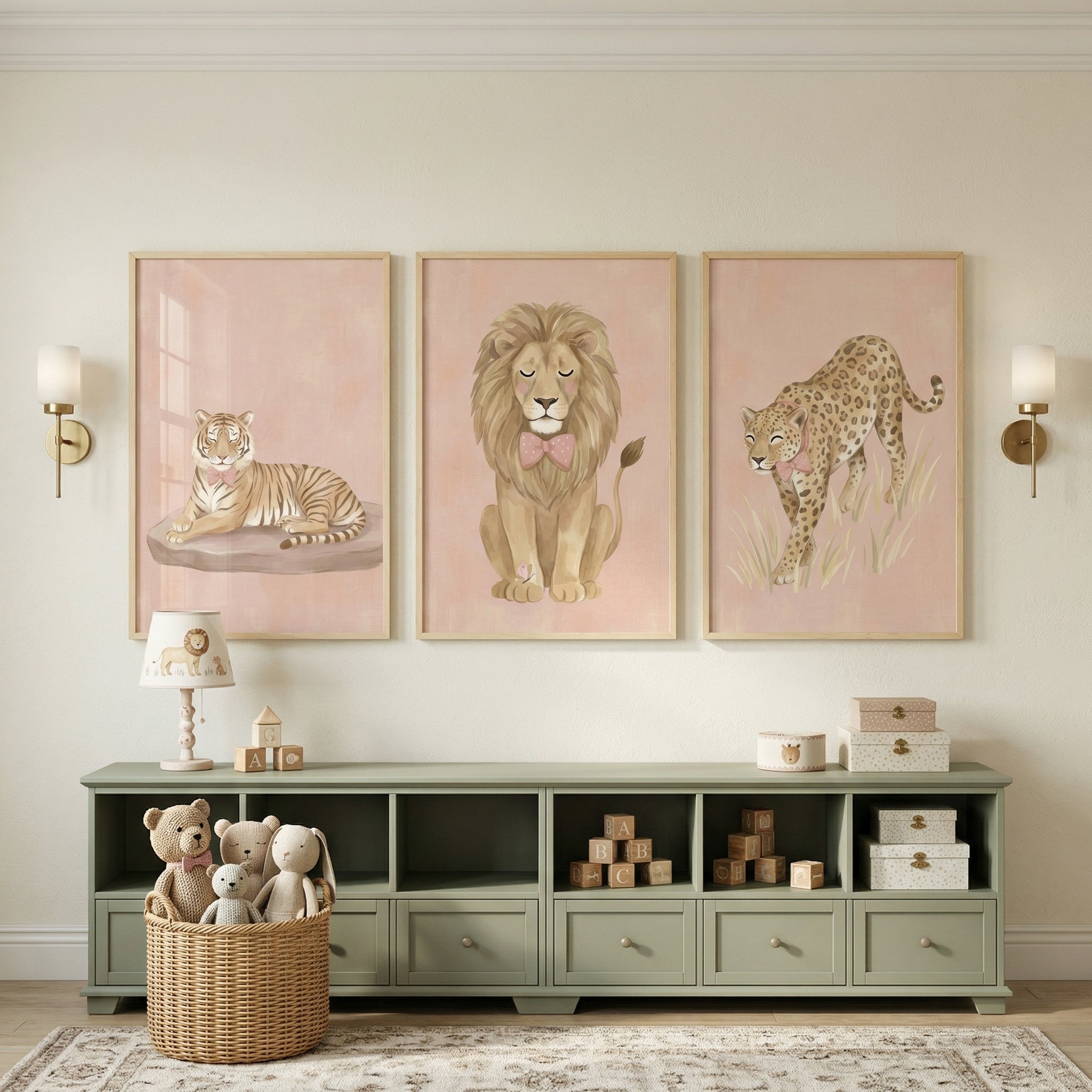 Blush Bow Safari Animal Wall Art Set of 3 - Gentle Safari Trio