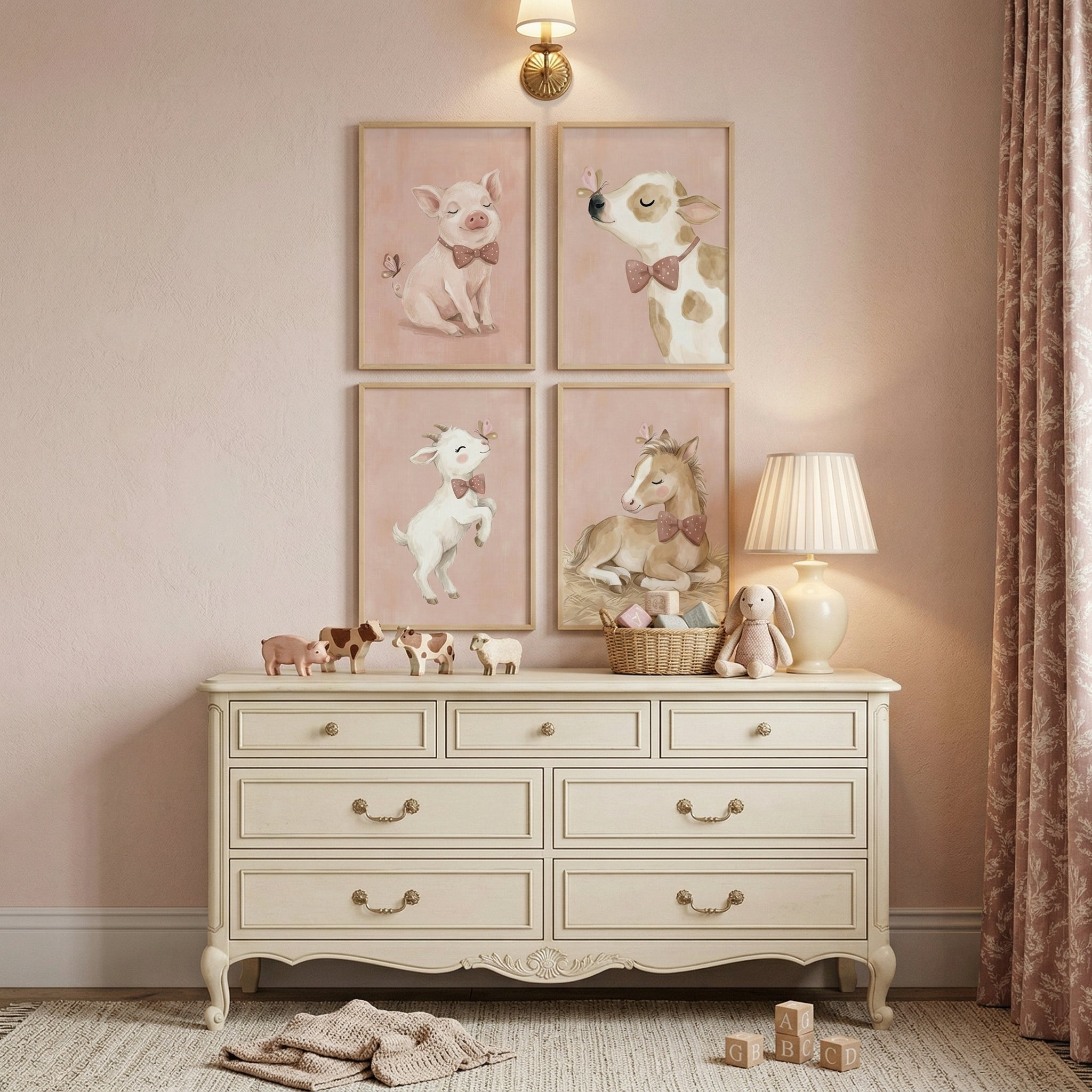 Blush Butterfly Farm Animal Artwork Set of 4 - Pink Bowtie Babies