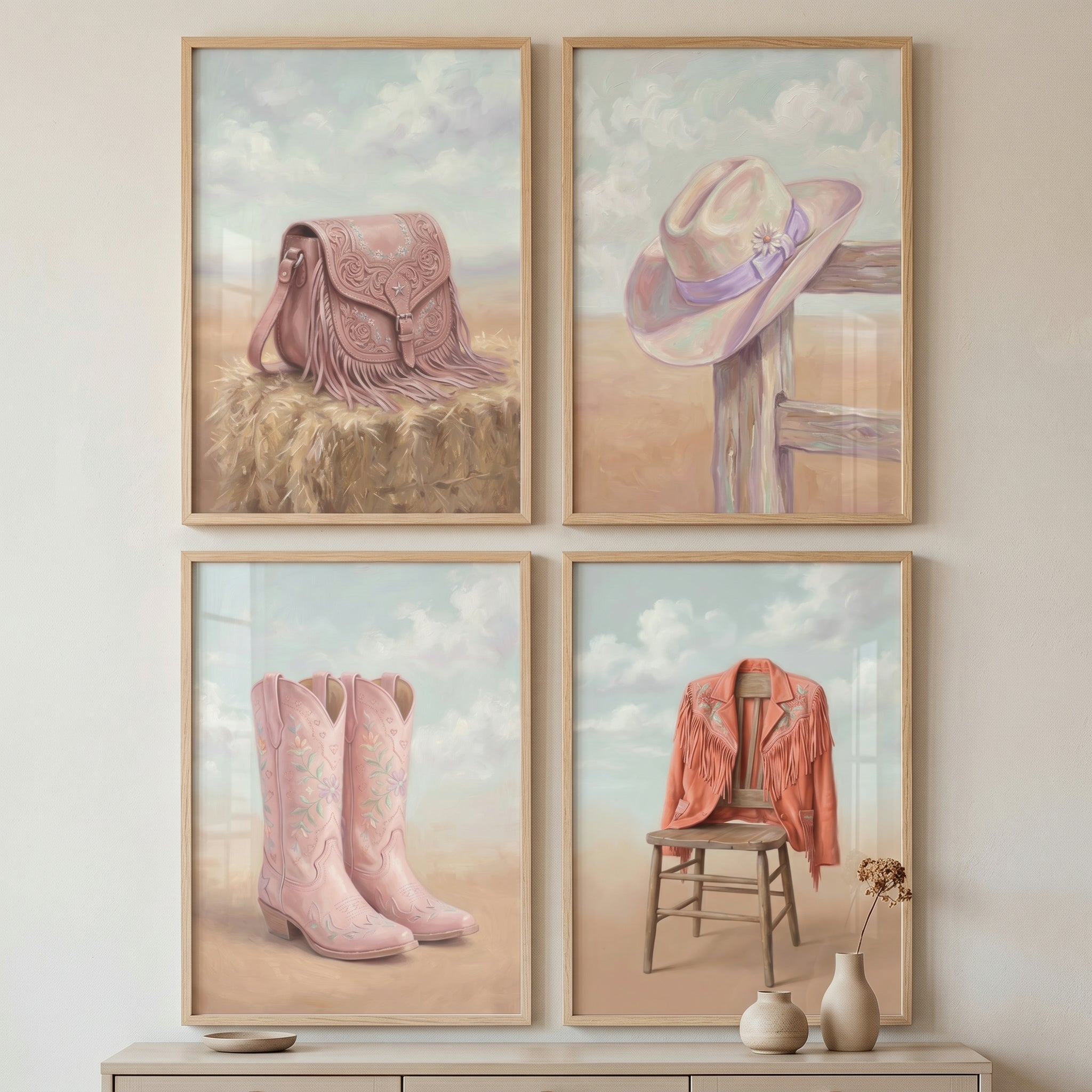 Blush Desert Cowgirl Wall Art Set of 4 - Pastel Western Dreams