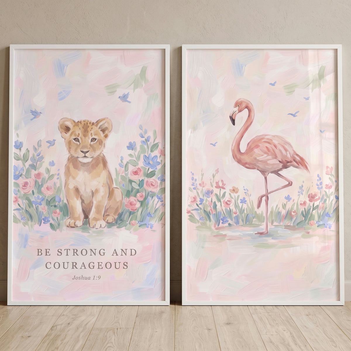 Blush floral baby animals wall art set of 2 with a lion cub, flamingo, and scripture over soft pastel floral scenes.