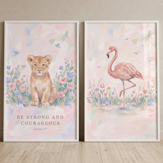 Blush floral baby animals wall art set of 2 with a lion cub, flamingo, and scripture over soft pastel floral scenes.