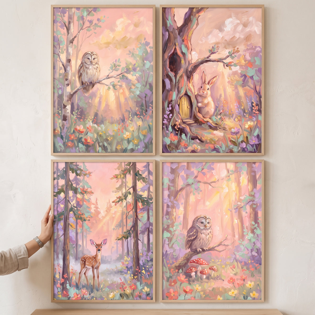 Hand touching a blush floral forest wall art set of 4 with whimsical owls, a rabbit, and a deer in pastel woods.