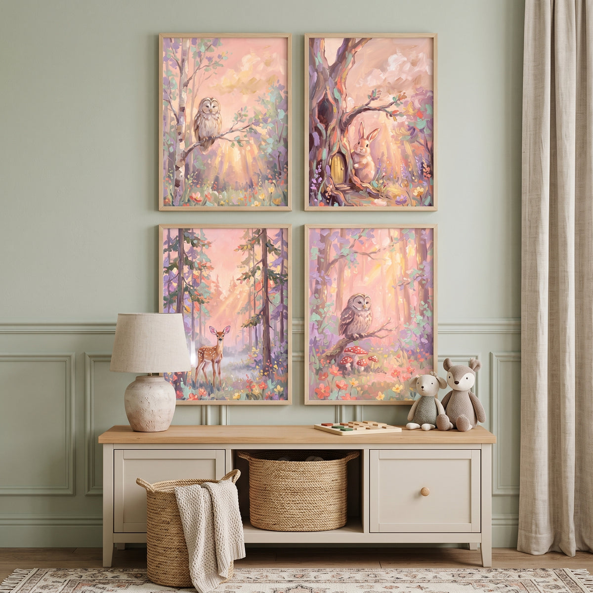 Blush Floral Forest Wall Art Set of 4 - Pastel Forest Glow