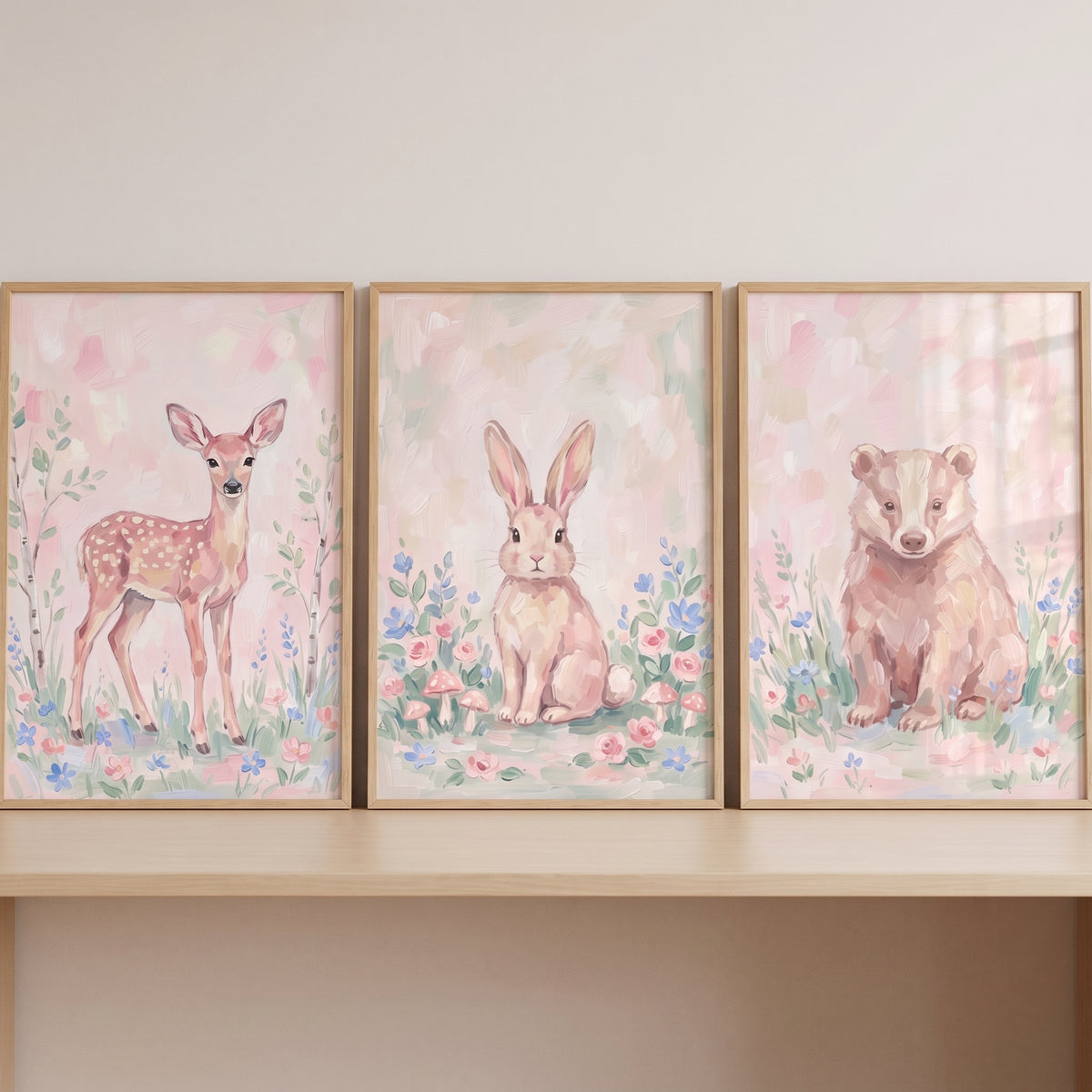 Blush Floral Meadow Animals Wall Art Set of 3 - Soft Meadow Critters