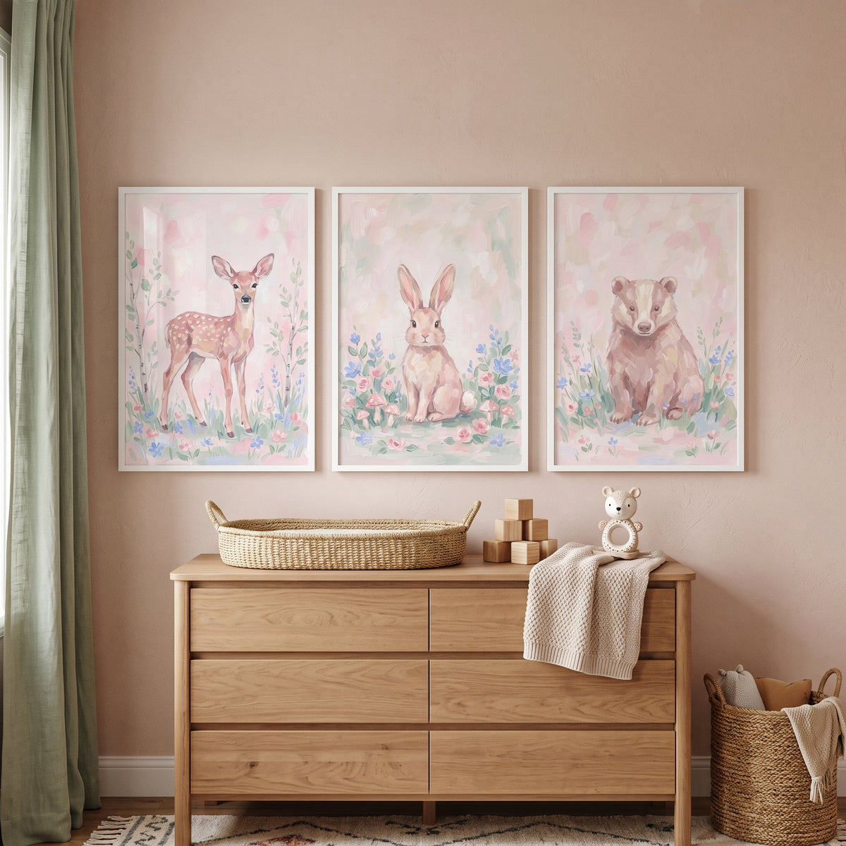 Blush Floral Meadow Animals Wall Art Set of 3 - Soft Meadow Critters