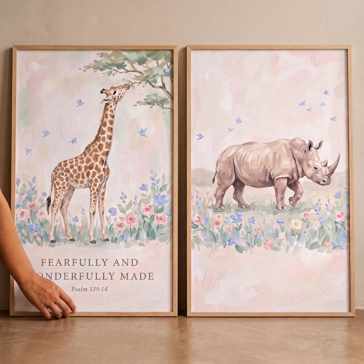 Blush Floral Savanna Animals Wall Art Set of 2 - Wonderfully Made Wildlife