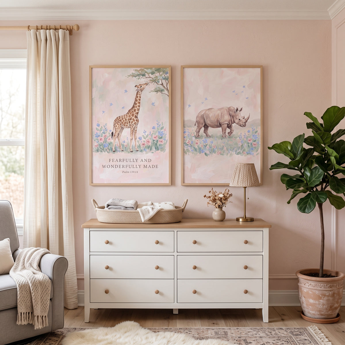 Blush Floral Savanna Animals Wall Art Set of 2 - Wonderfully Made Wildlife