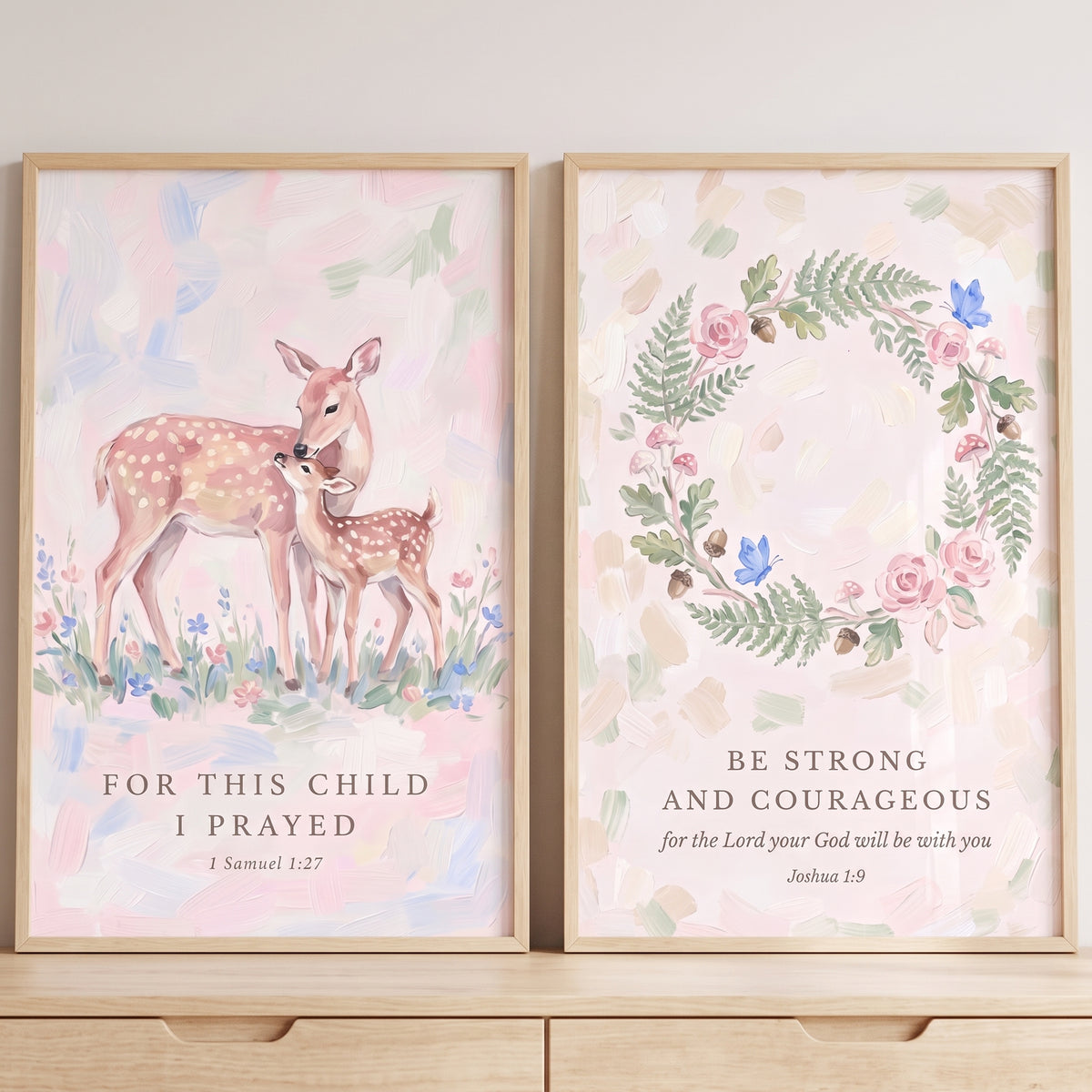 Watercolor deer and a botanical wreath in this blush floral scripture quote bible wall art set of 2.