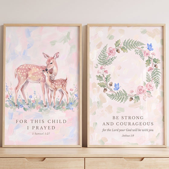 Watercolor deer and a botanical wreath in this blush floral scripture quote bible wall art set of 2.