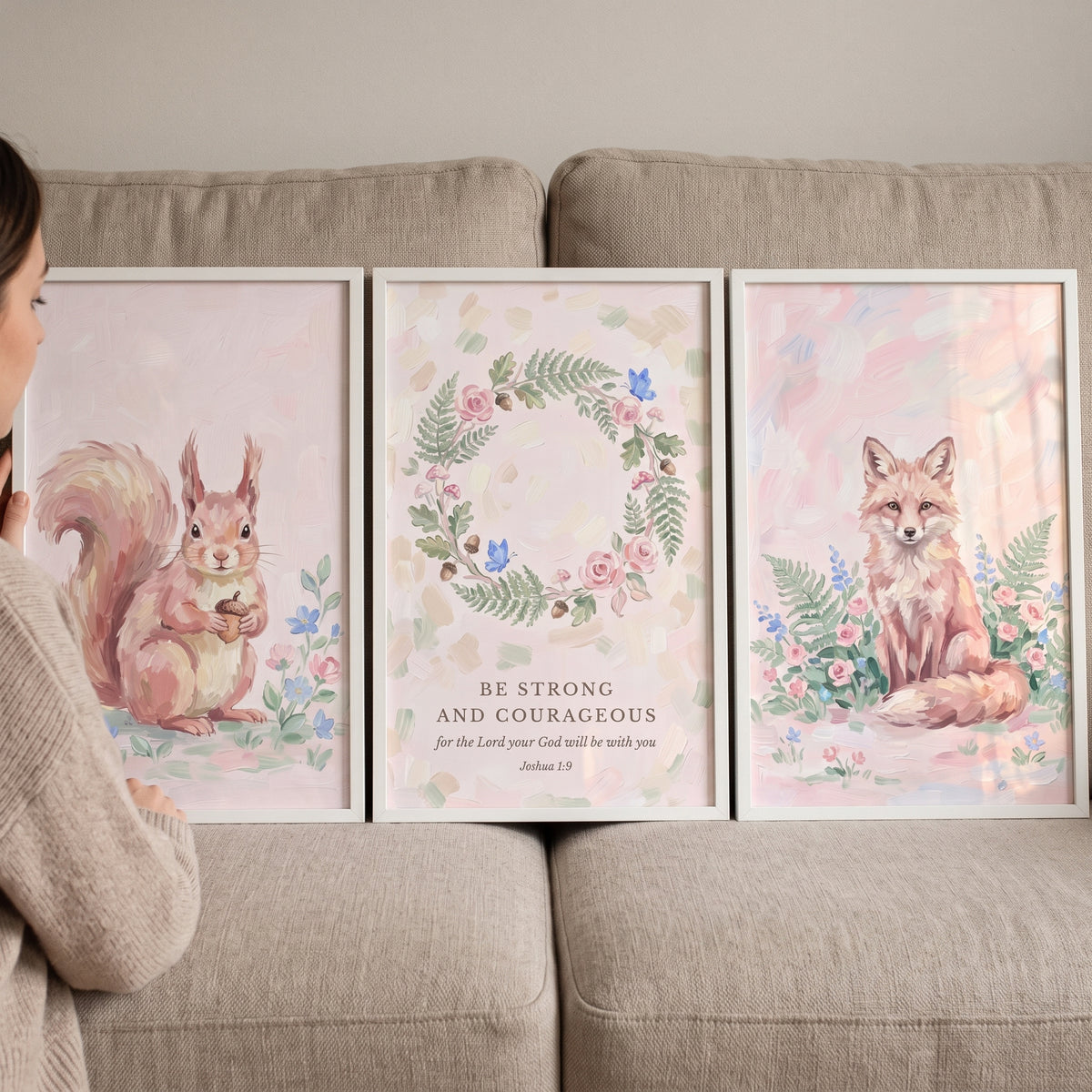 Blush Floral Woodland Animals Wall Art Set of 3 - Brave Forest Friends