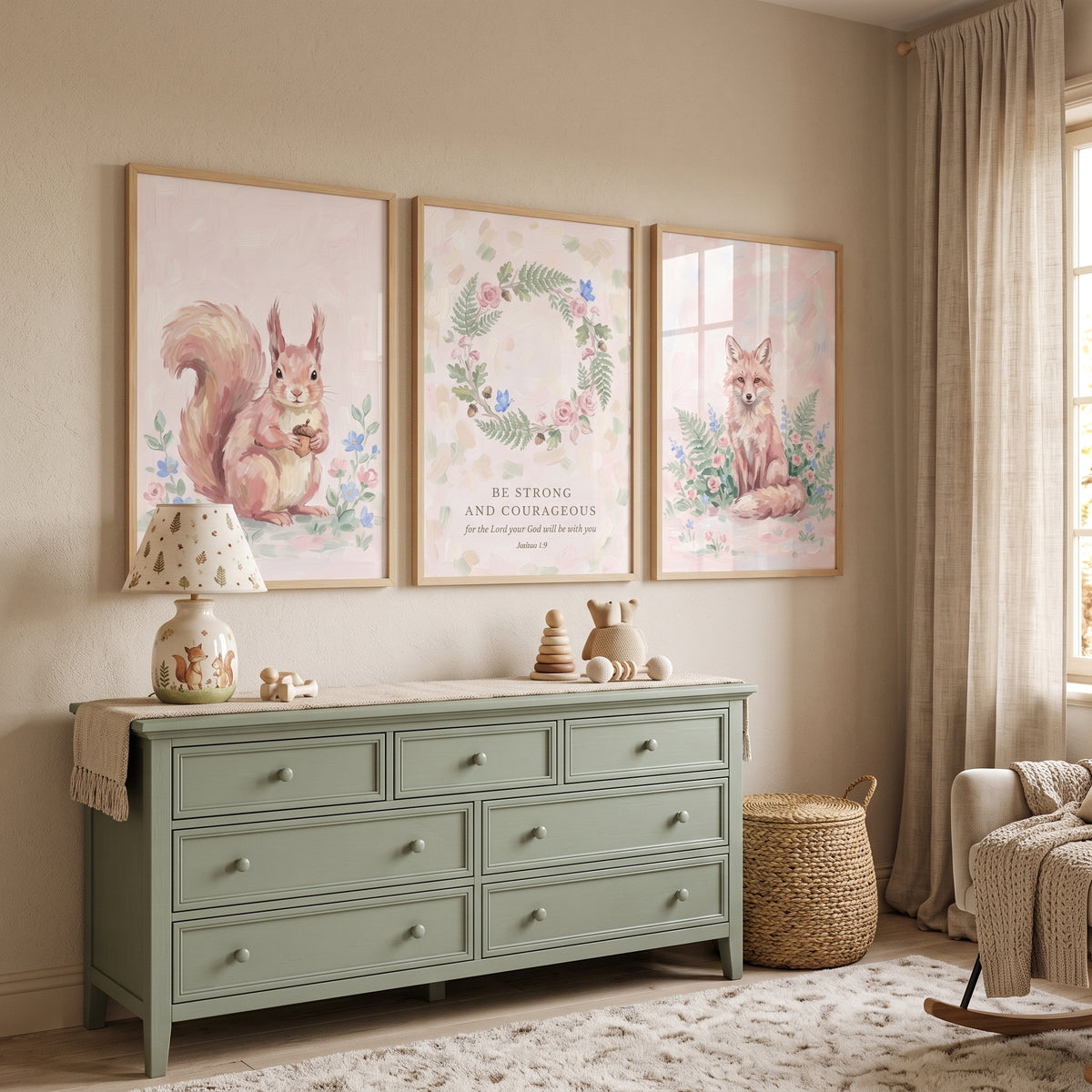 Blush Floral Woodland Animals Wall Art Set of 3 - Brave Forest Friends
