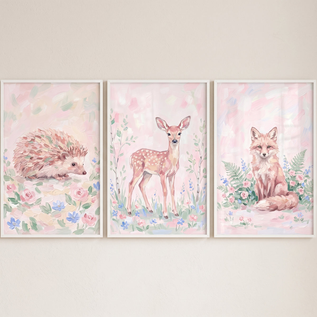 Blush Garden Woodland Animals Wall Art Set of 3 - Soft Forest Creatures