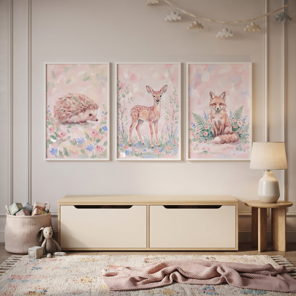 Blush Garden Woodland Animals Wall Art Set of 3 - Soft Forest Creatures
