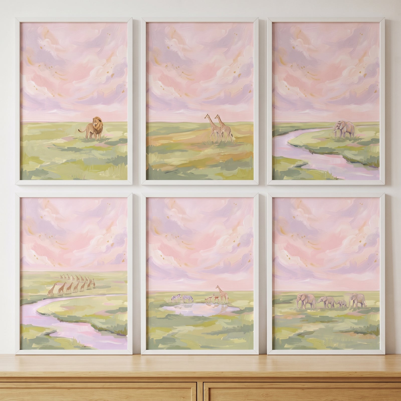 Blush gold safari animal wall art set of 6 with lions, elephants, and giraffes in a pink and green savanna landscape.