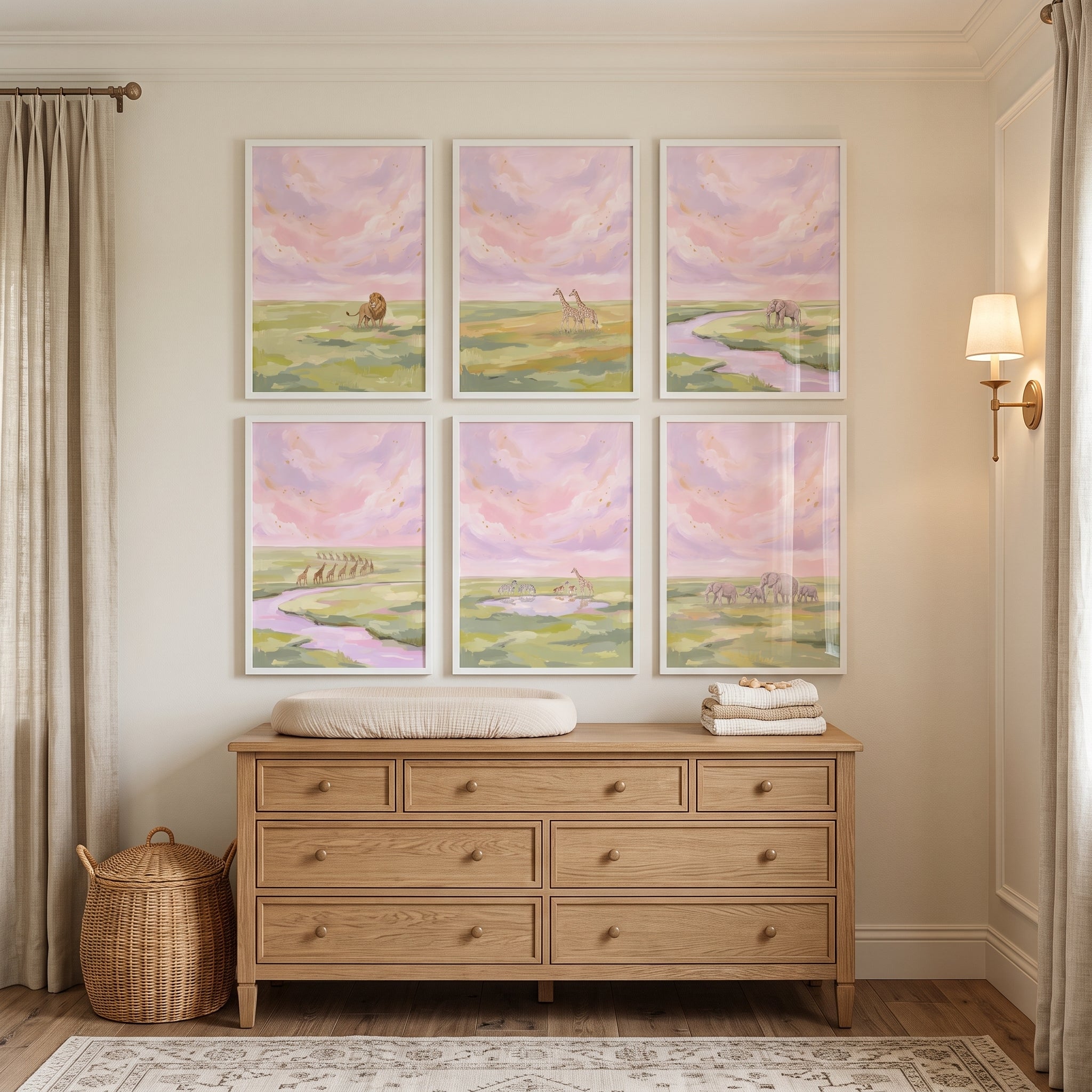 Blush Gold Safari Animal Wall Art Set of 6 - Soft Wildlife Vistas