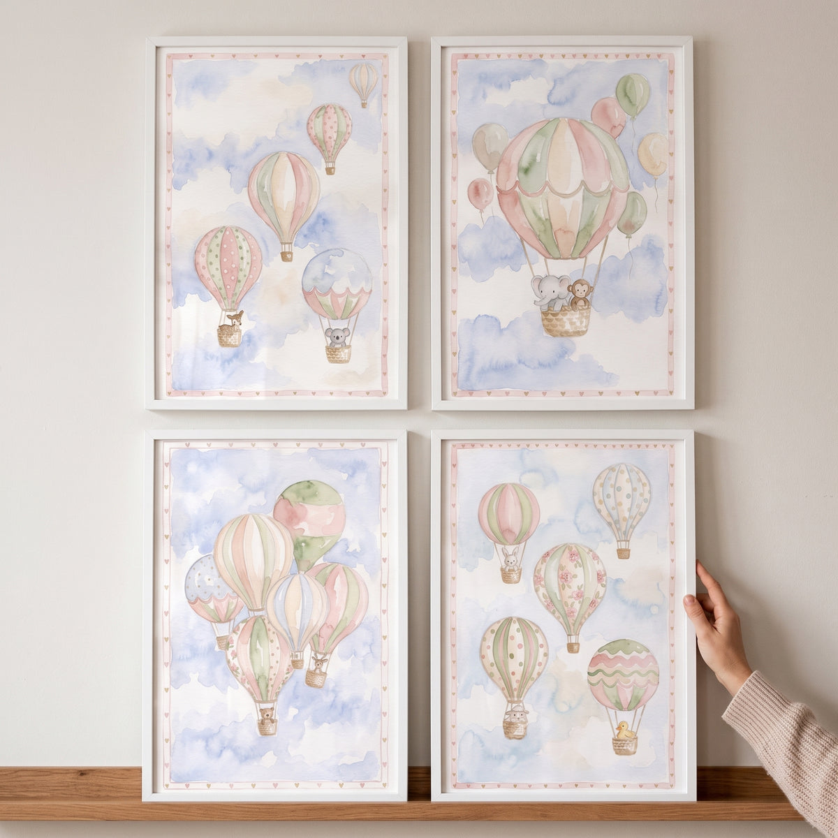 Blush Hot Air Balloon Wall Art Set Of 4 - Pastel Balloon Flight