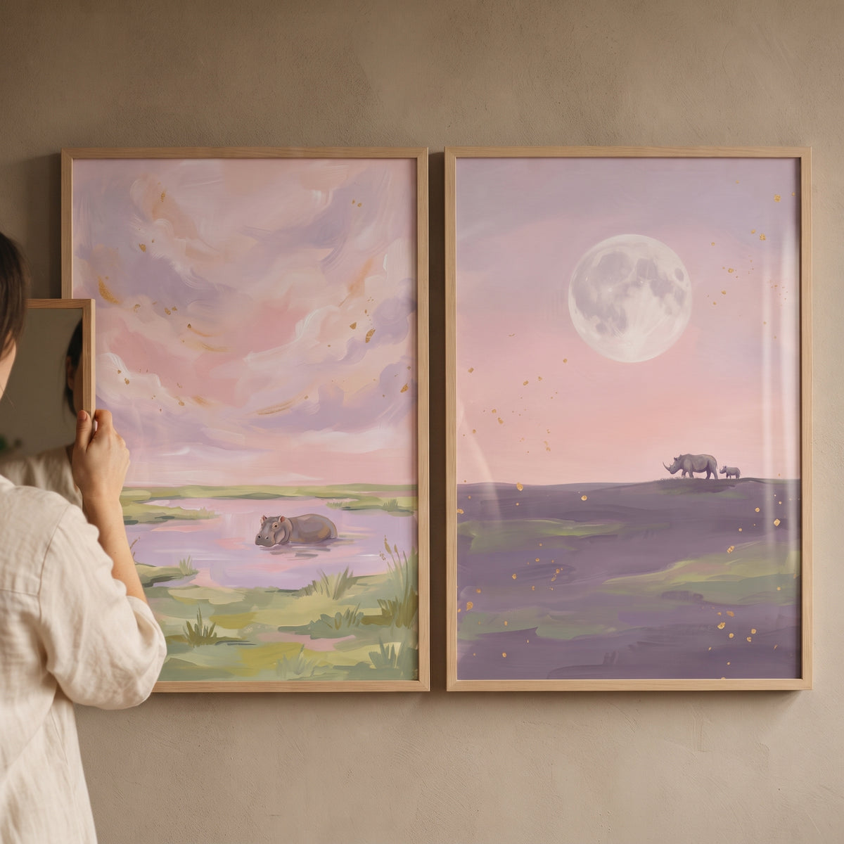 Blush Lavender Safari Animals Wall Art Set of 2 - Serene Sunset Safari