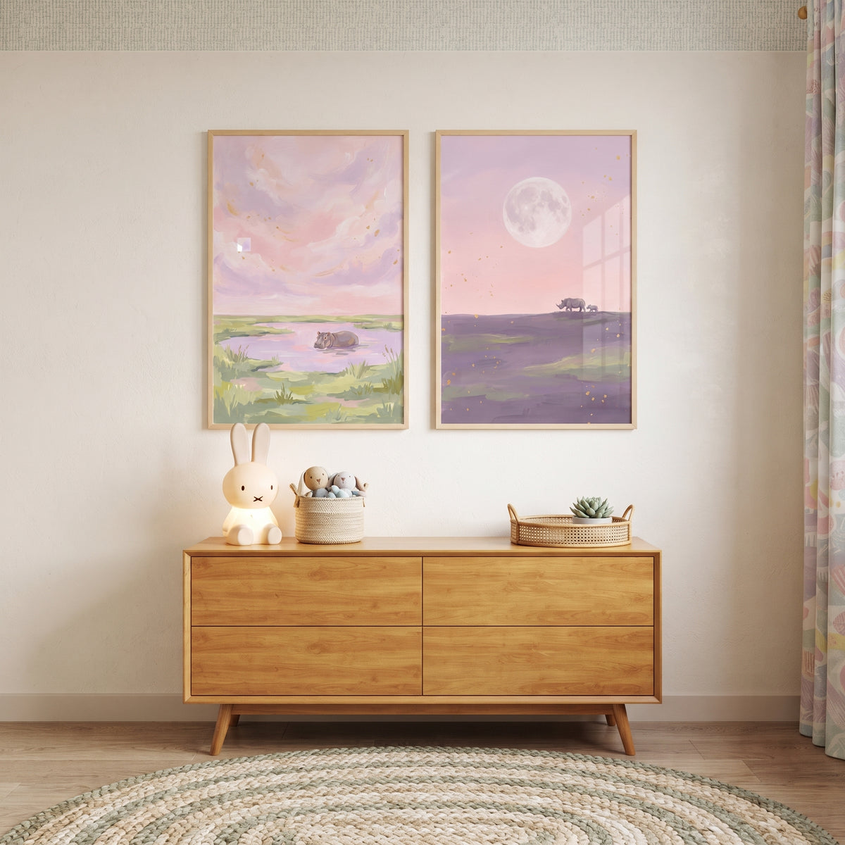 Blush Lavender Safari Animals Wall Art Set of 2 - Serene Sunset Safari