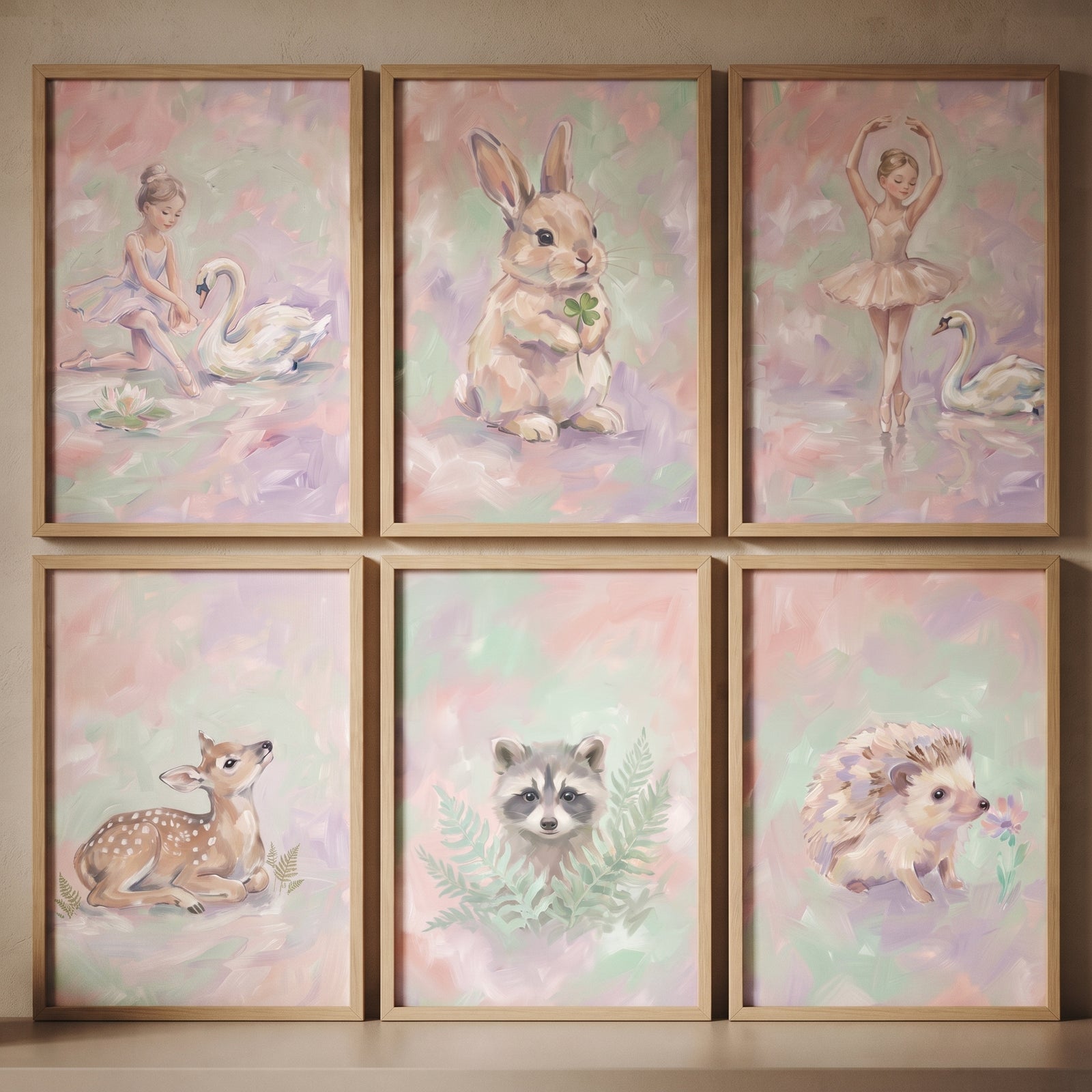 Framed deer, raccoon, rabbit, hedgehog, and ballerinas. Blush lavender whimsical friends wall art set of 6.