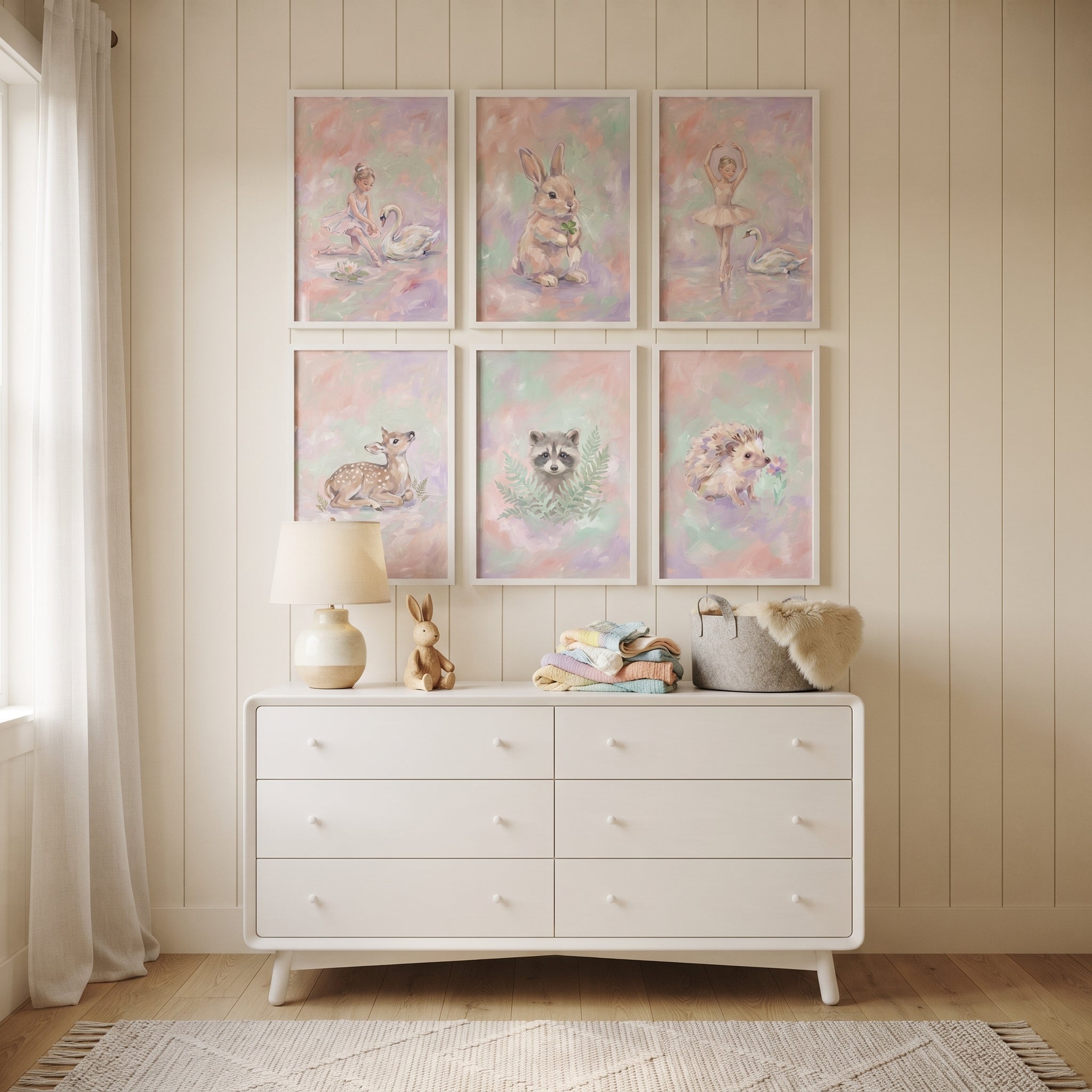 Blush Lavender Whimsical Friends Wall Art Set of 6 - Woodland Ballet Dreams