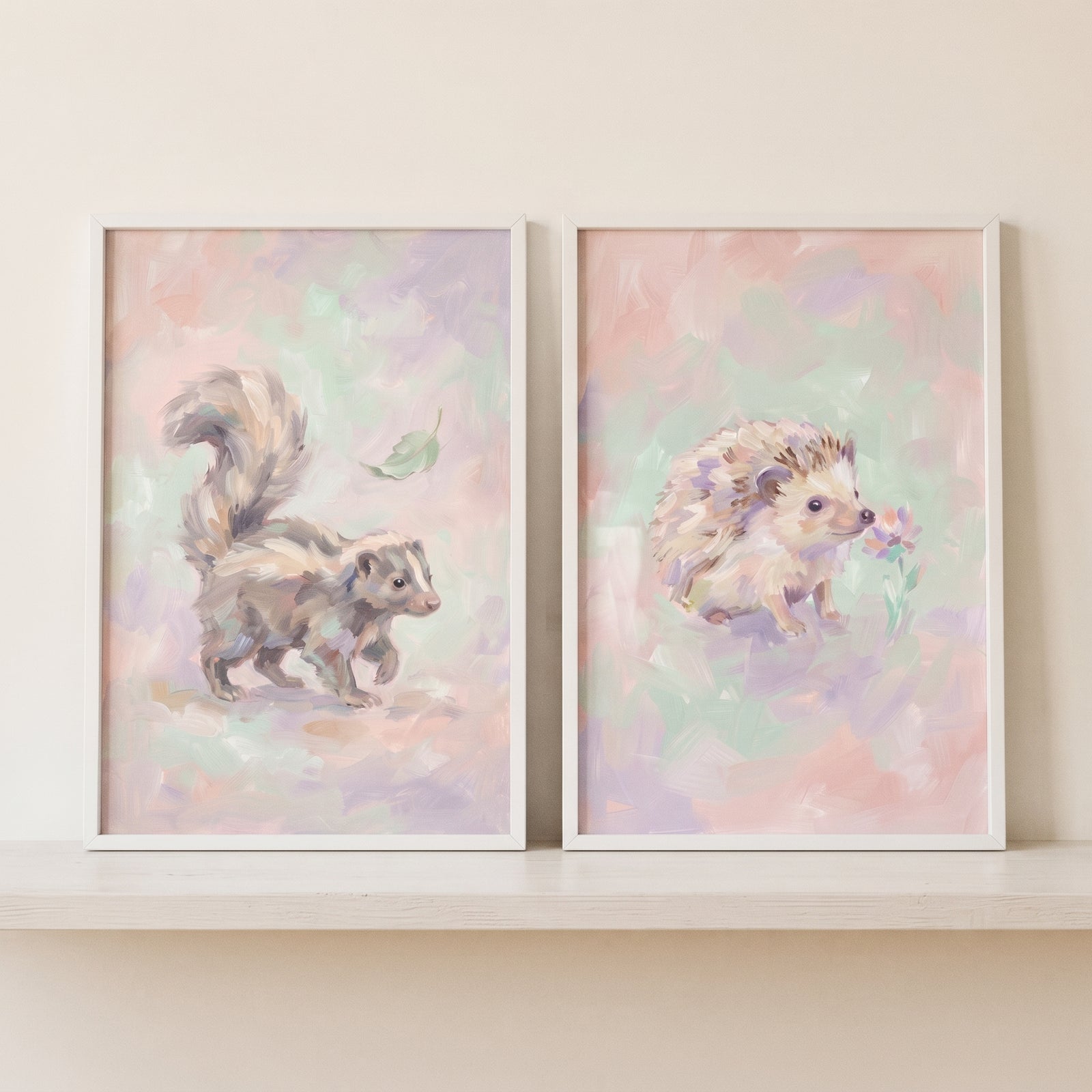 Blush lavender woodland animal wall art set of 2 featuring a skunk and hedgehog in soft pastel colors on a shelf.