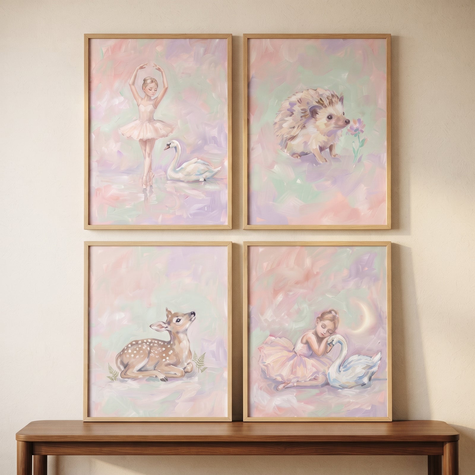 Ballerinas, swans, and animals in a blush lilac fairytale girls room wall art set of 4 framed above a table.