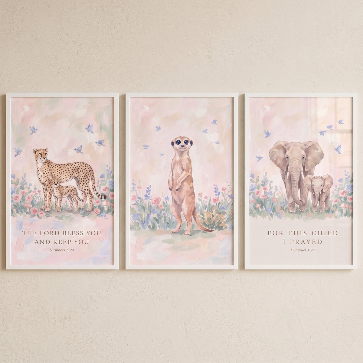 Blush meadow african animals artwork set of 3 featuring cheetahs, a meerkat, and elephants with scripture verses.