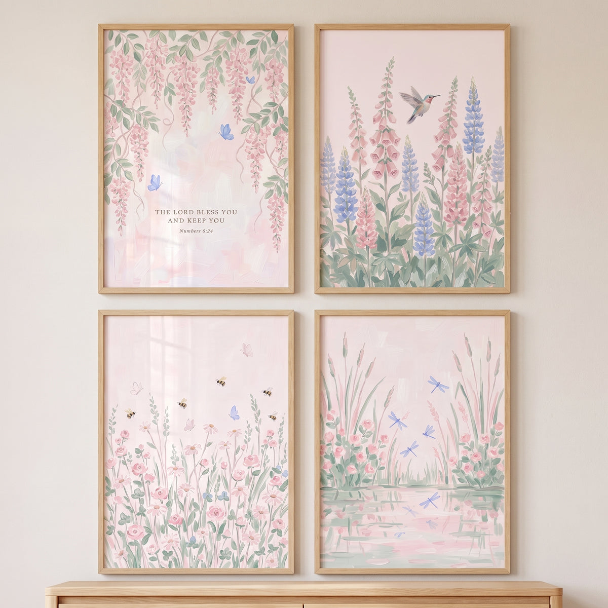 Blush Pastel Floral Meadow Wall Art Set of 4 - Pastel Garden Blessing