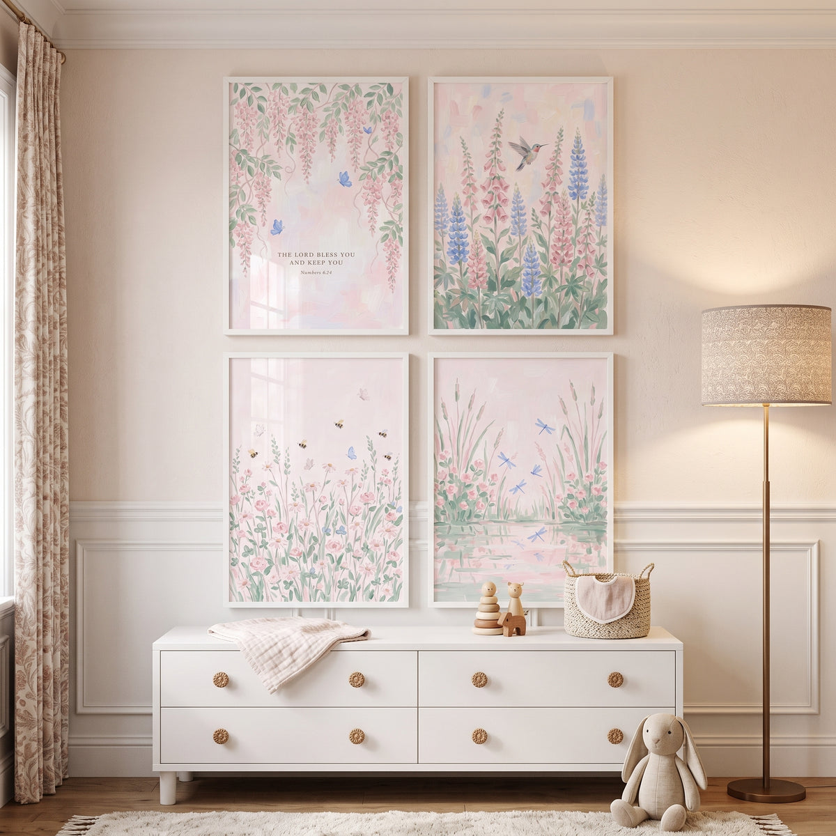 Blush Pastel Floral Meadow Wall Art Set of 4 - Pastel Garden Blessing