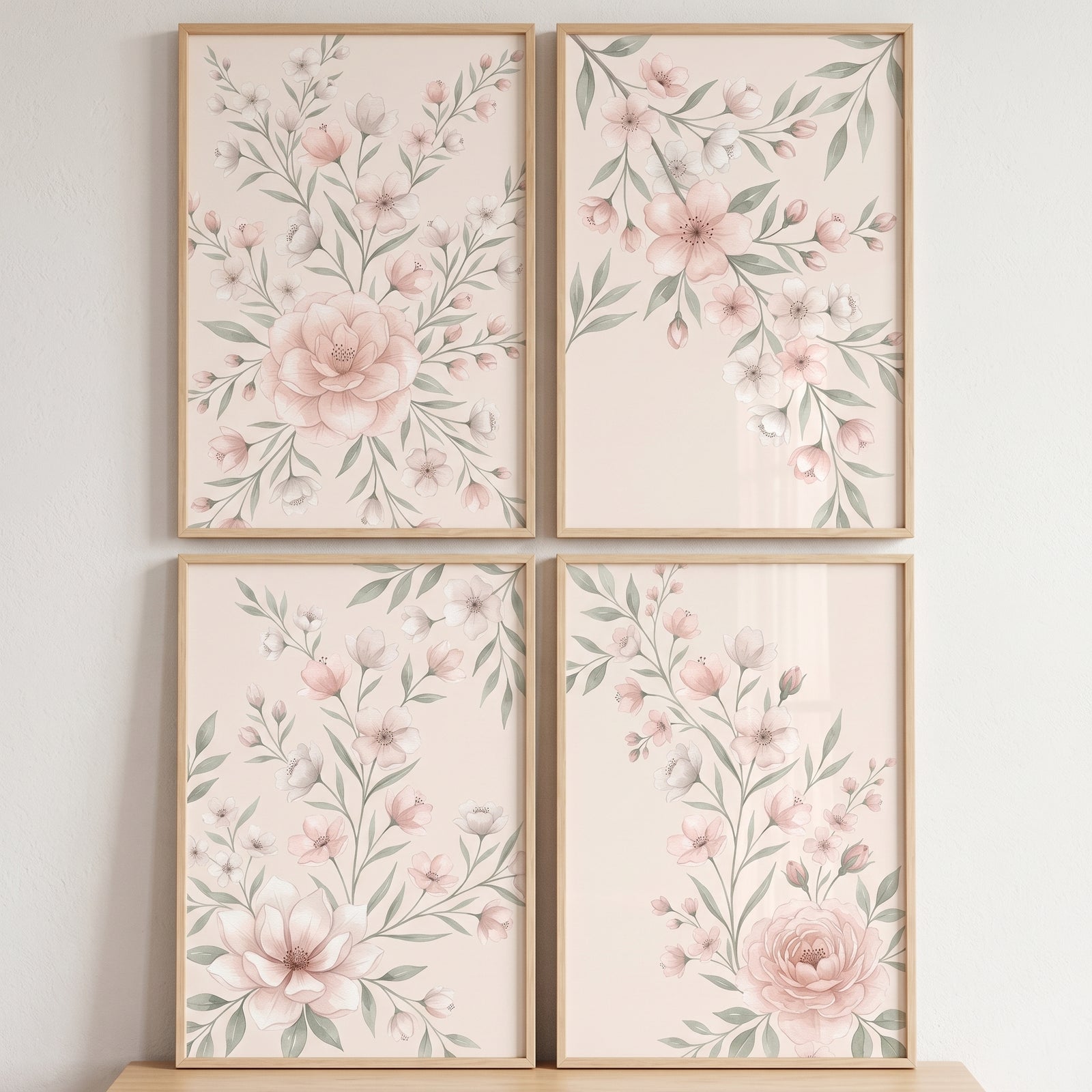Blush peach watercolor floral wall art set of 4 in wooden frames featuring soft pink blossoms and green leaves.