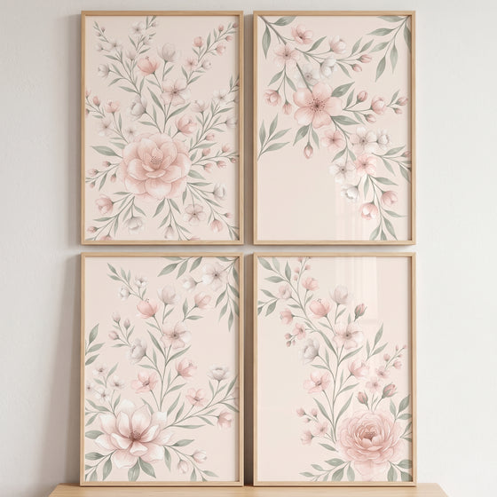 Blush peach watercolor floral wall art set of 4 in wooden frames featuring soft pink blossoms and green leaves.