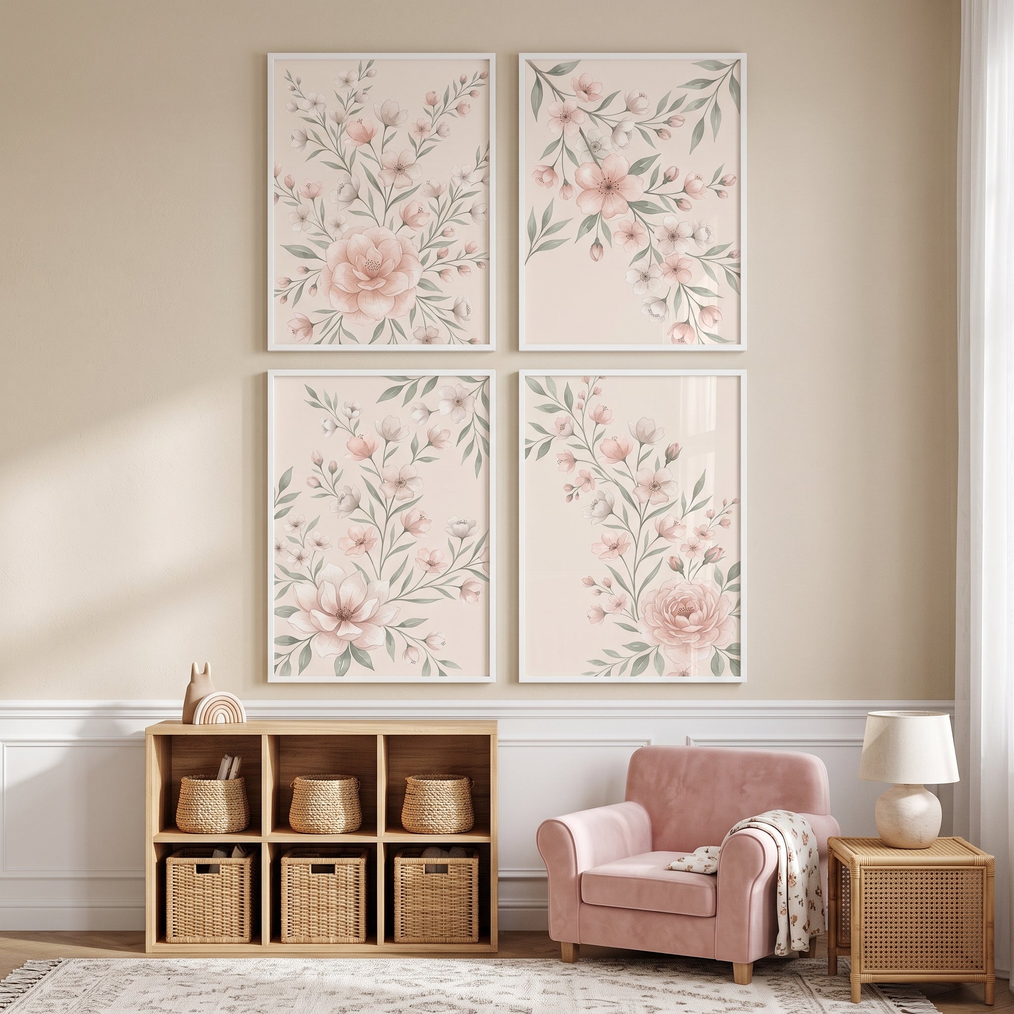 Blush Peach Watercolor Floral Wall Art Set of 4 - Blush Blossom Set
