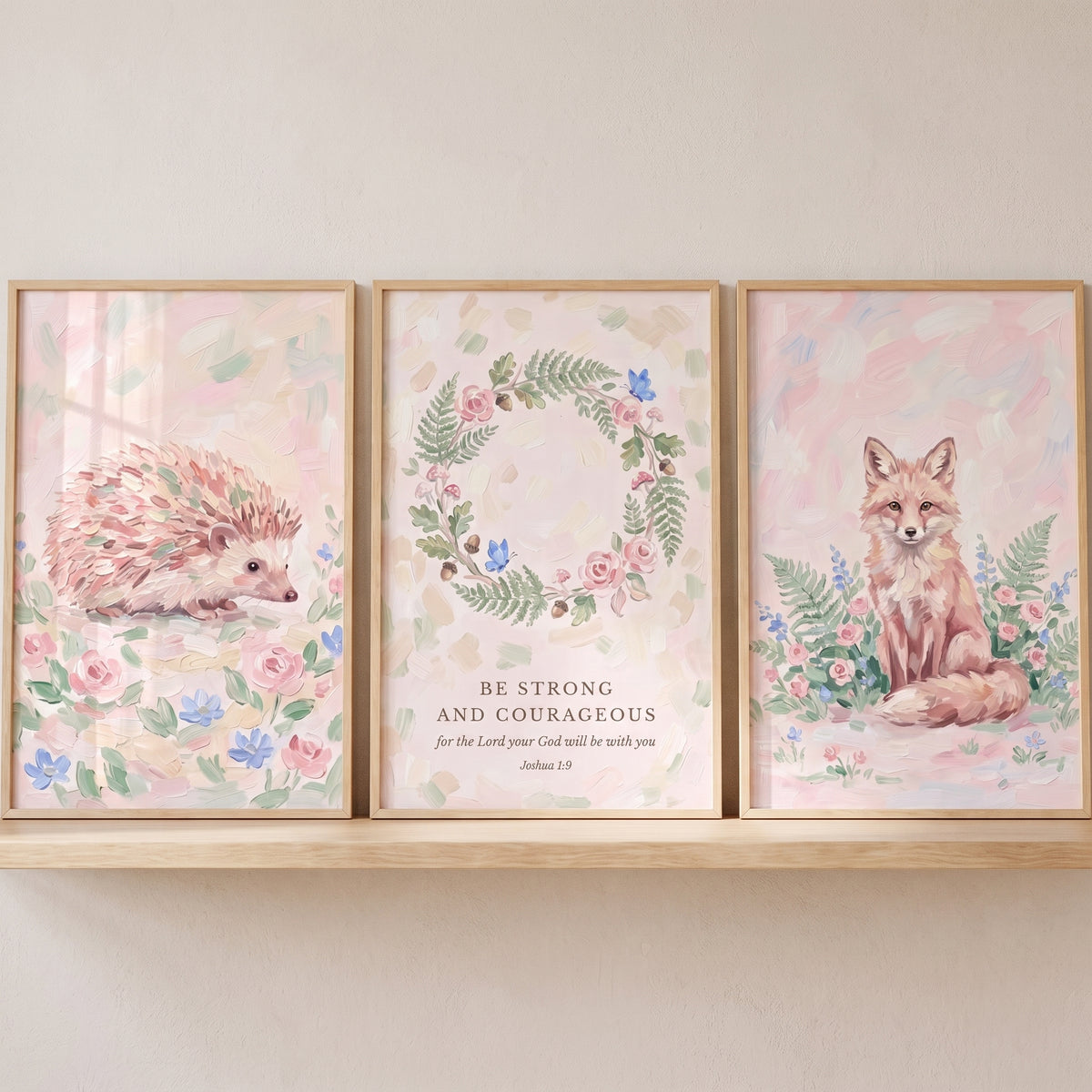 Blush Pink Animals Floral Wall Art Set of 3 - Strong And Courageous