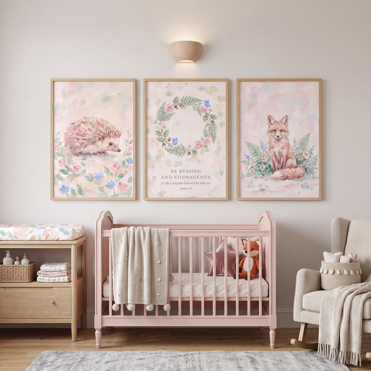 Blush Pink Animals Floral Wall Art Set of 3 - Strong And Courageous