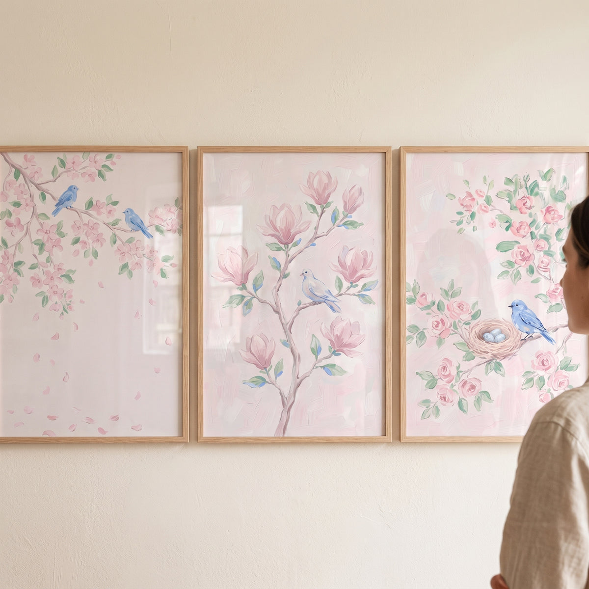 Blush Pink Blue Bird Wall Art Set of 3 - Spring Blossom Trio